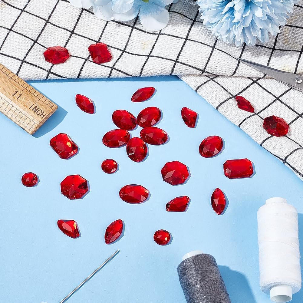 PH PandaHall 60pcs 6 Styles Sewing Gems, Red Crystals Sewing Gems Jewels Triangle/Horse Eye/Oval/Rectangle Flatback Rhinestones Sew On Rhinestones for Clothes Wedding Dress Costume Garment DIY Crafts