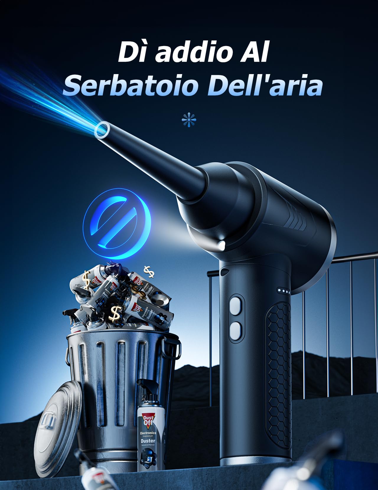 Aria Compressa Elettrico 3 Velocità con Luce LED, 100.000 Giri/Min, Batteria 9000 mAh, Kit Pulizia PC