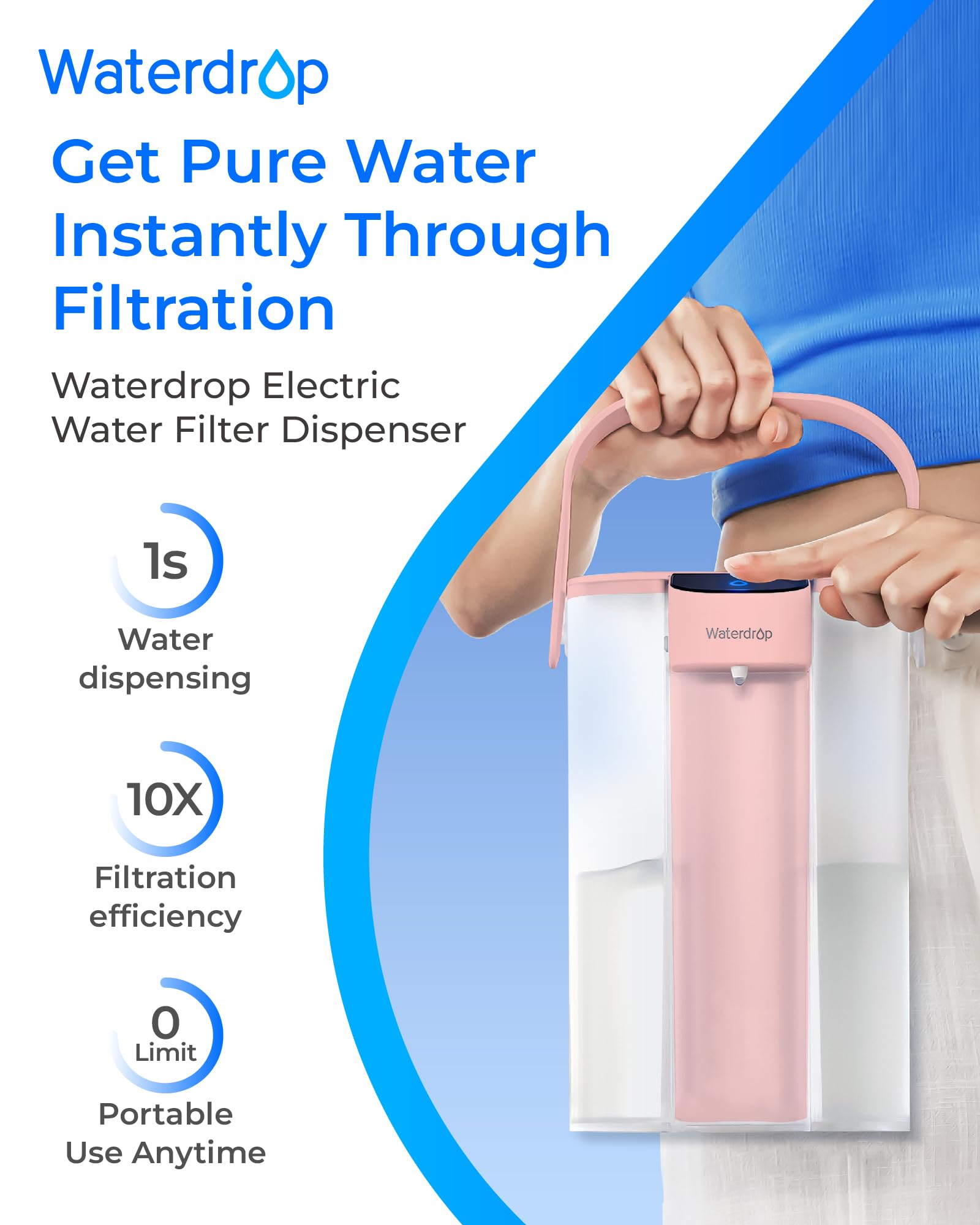 Waterdrop Instant Eletric - Brocca per acqua potabile, 3,5 l, 3 mesi, sistema per acqua potabile, riduce cloro, piombo, mercurio, PFAS, PFOA/PFOS, rosa (con 1 filtro da 757 litri)