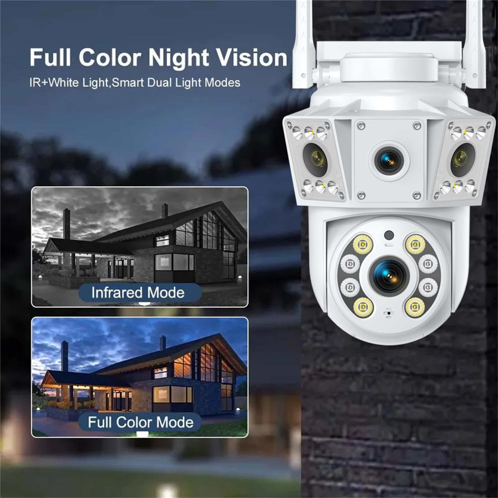 Telecamera di sicurezza 2K per esterni, fotocamera a doppia lente, telecamera CCTV a 360°, WiFi 2.4/5GHz, con registrazione 24/7, visione notturna a colori, rilevamento umano PIR, allarme