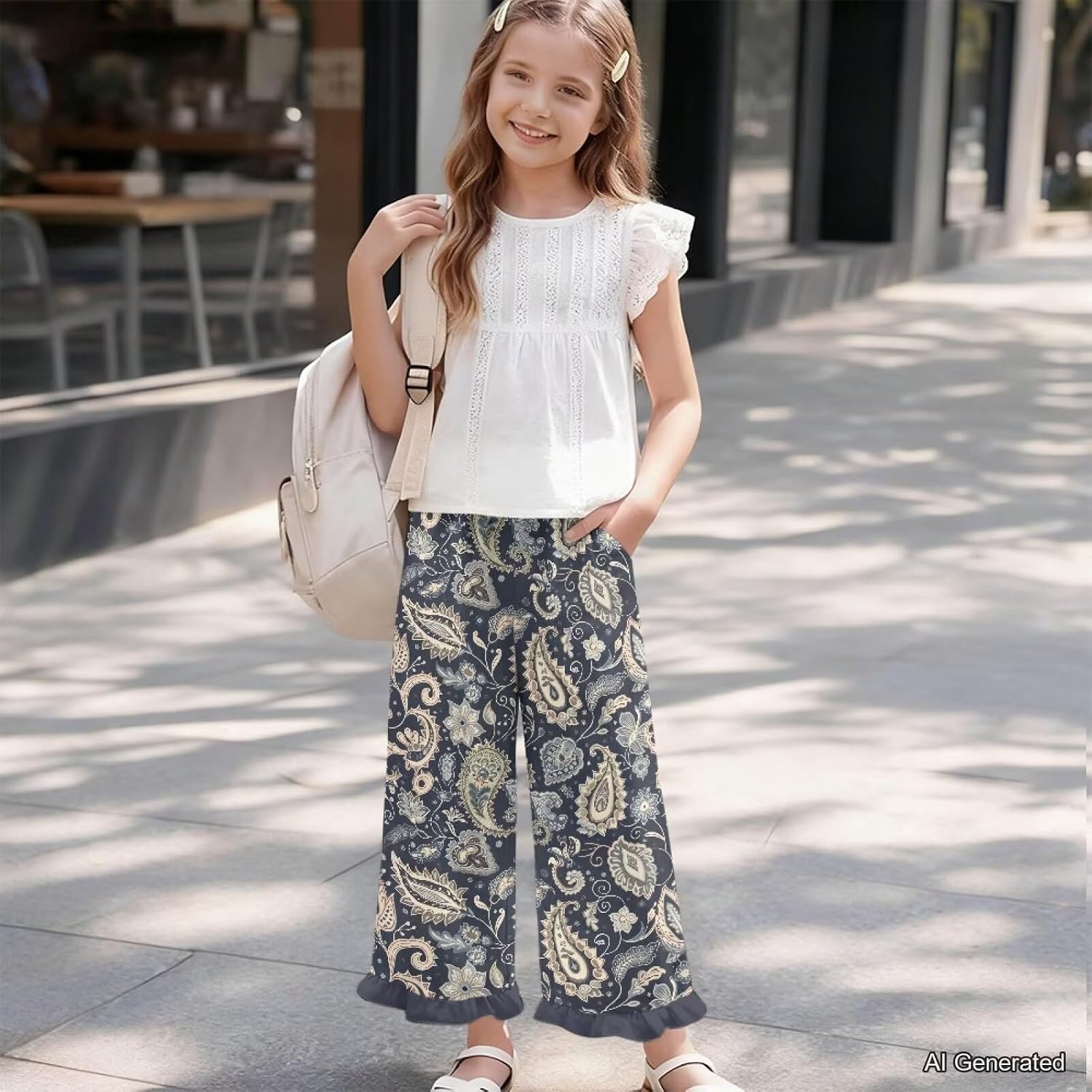 Wanyint Girls Ruffled Pants Long Trousers Track Pants with Pockets Wide Leg Trousers Y2K Fashion Outfits for 5-14 Years