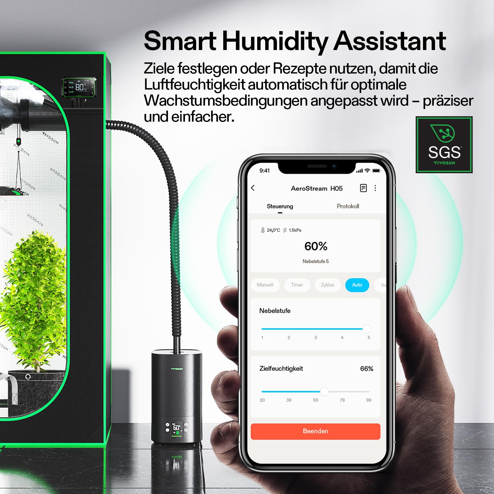 VIVOSUN Smart Humidifier 5L AeroStream H05 VPD Steuerung 24dB Leise 360° Cool Mist Top-Fill Ultraschall für Growzelte