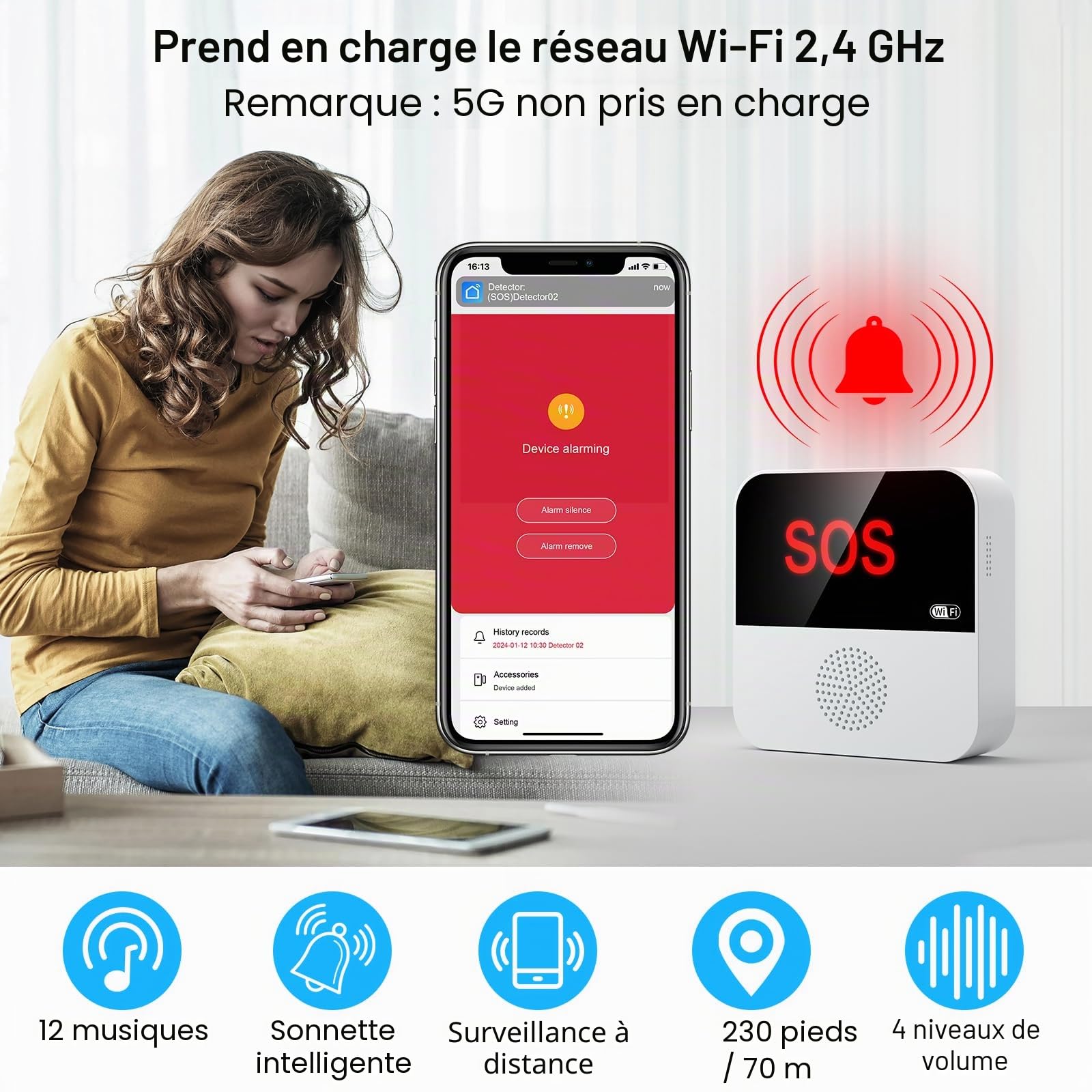 Bouton d'appel urgence WiFi + RF pour les personnes âgées - Système d'alerte pour les seniors - 1 bracelet d'appel - 1 récepteur