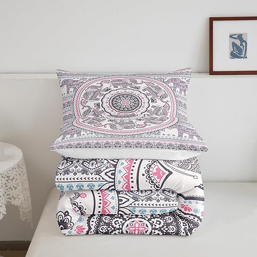Miniatura 5 de Manfei Juego de edredón bohemio tamaño matrimonial, juego de ropa de cama con estampado de elefante bohemio de 3 piezas para niños y niñas,