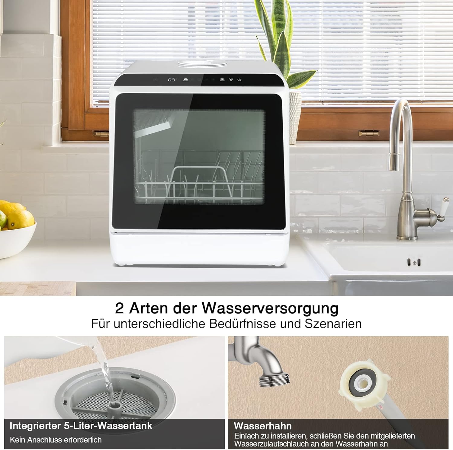 YU YUSING Mini Geschirrspüler Tischgeschirrspüler 5+1 Programme 3 Gedecke 5L Wassertank Touch Control LED-Display