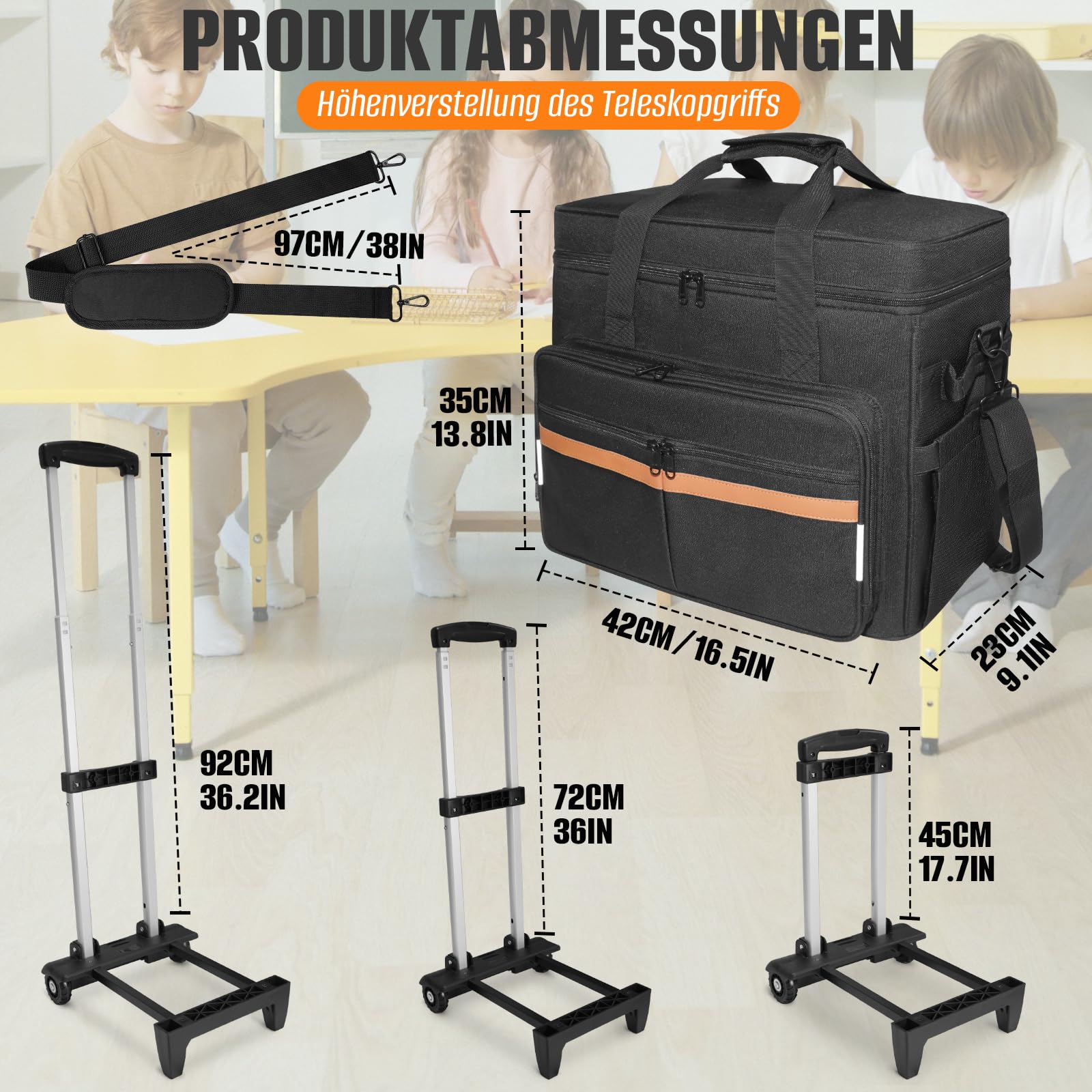 SUNDOY Rolling - Bolsa de Trabajo para Profesores con Compartimento expandible, para Profesores de hasta 17,3 Pulgadas, Negro+marrón, 42x23x35-ZM, Pata de Gallo