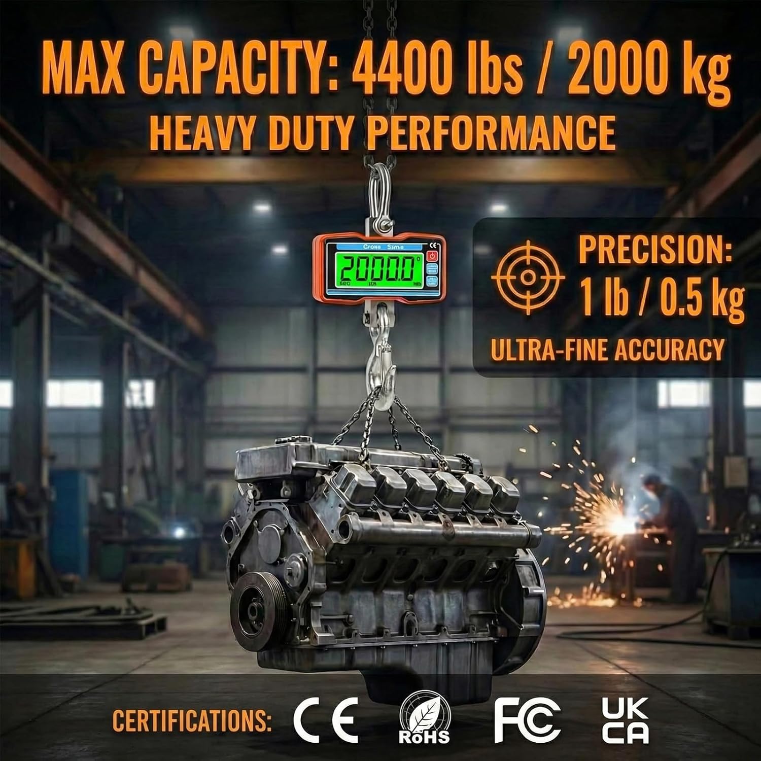 RESHY 4400lbs / 2 Ton Digital Crane Scale, 1lb (0.5kg) Accuracy Heavy Duty Industrial Hanging Scale with Wireless Remote for Farm, Hunting, Warehouse
