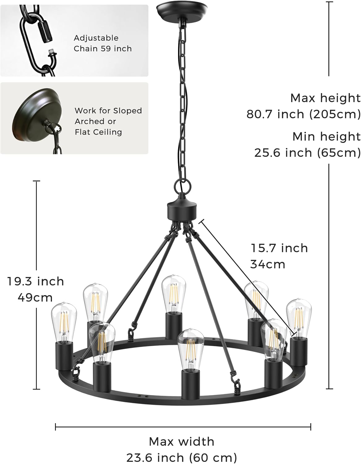 L LOHAS LED Black Farmhouse Chandeliers for Dining Room, 8-Light Wagon Wheel Chandelier Over Table, Height Adjustable, 24" Dining Room Light Fixtures, Modern Chandelier for Kitchen Island Living Room