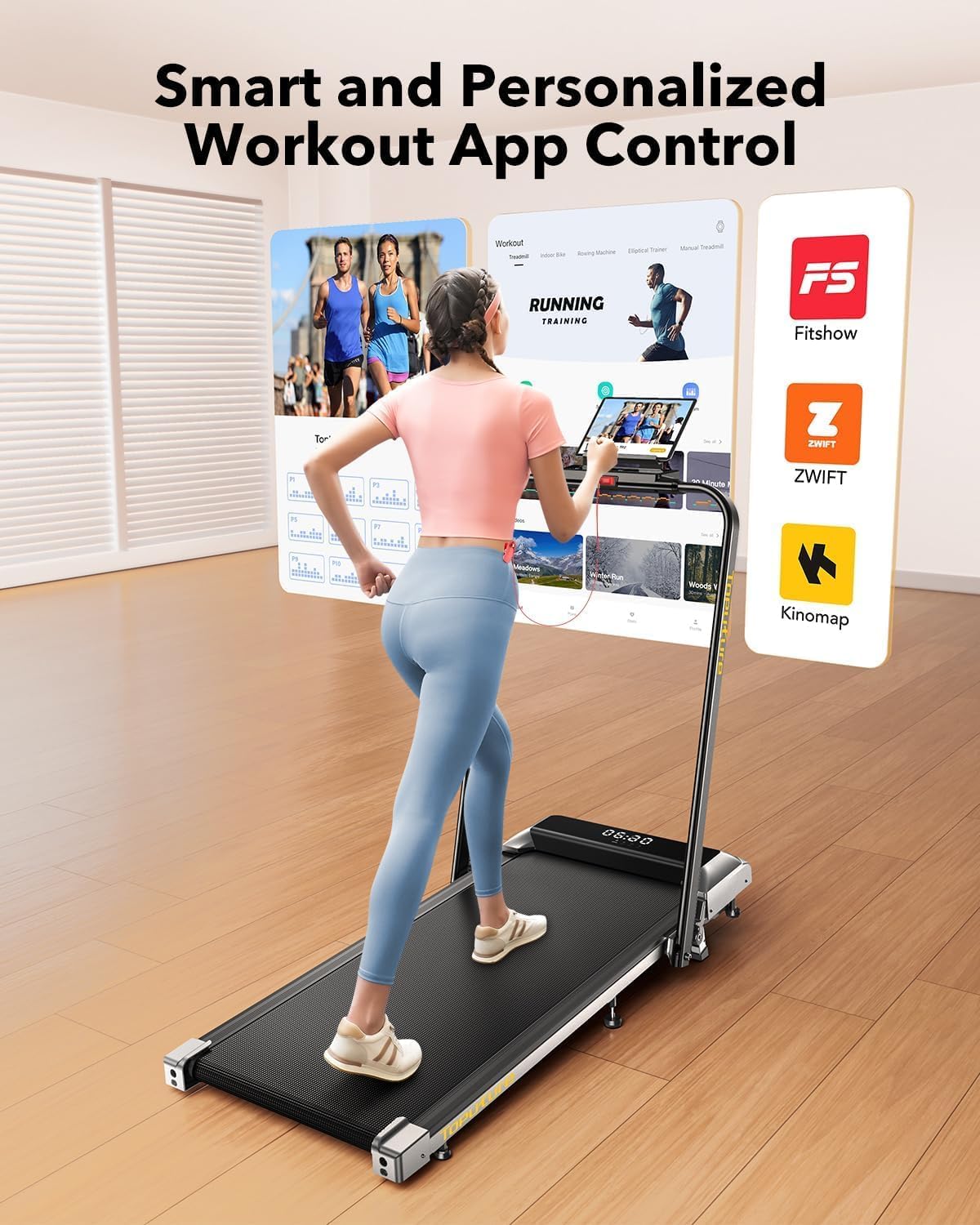 Woman using a tablet connected to the treadmill via a fitness app