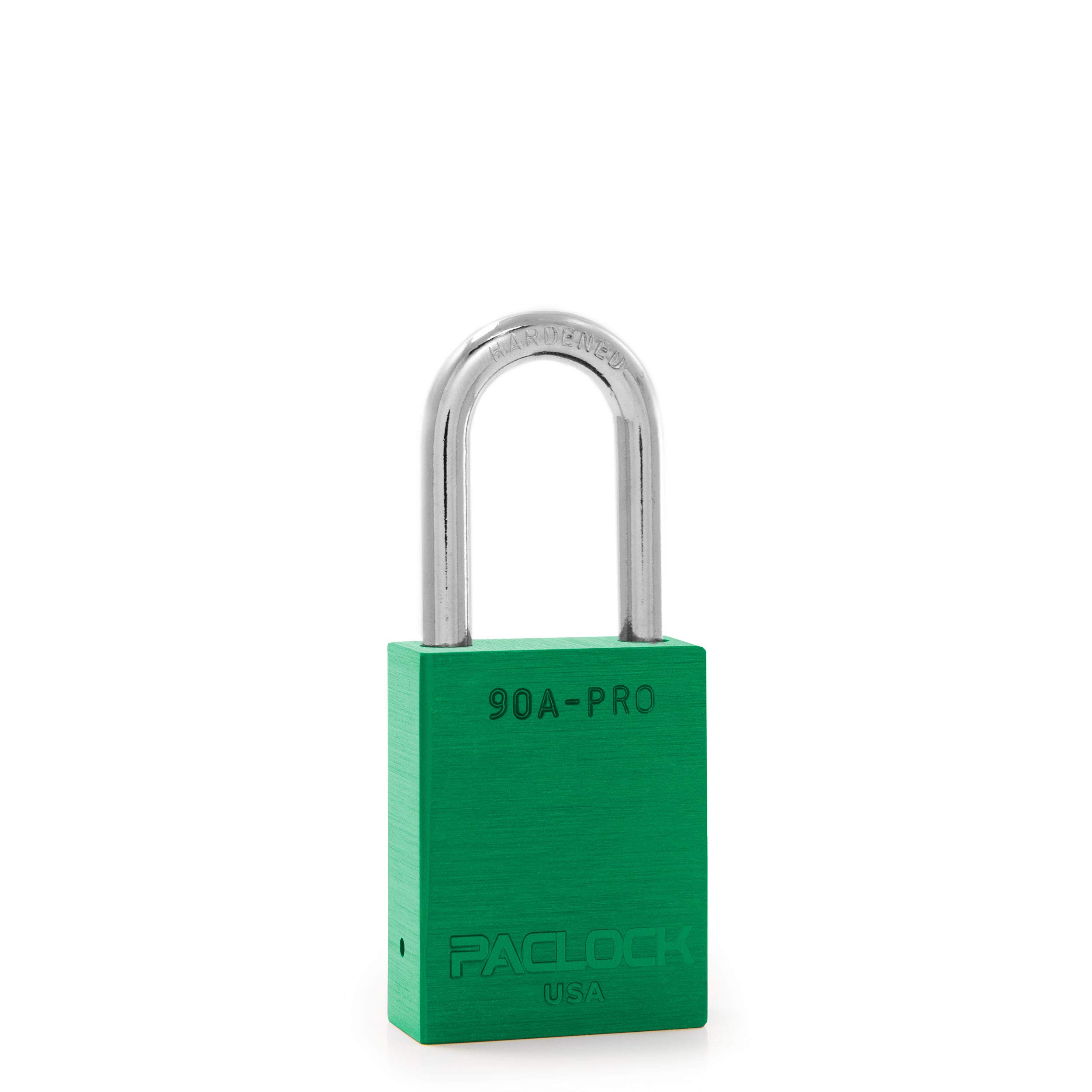PACLOCK's 90A-PRO Padlock, 1/4" Diameter Hard. Steel Shackle, 1-1/2" Tall, High Performance 7-Pin Cylinder w/ 1 Key, Keyed Differently, Green