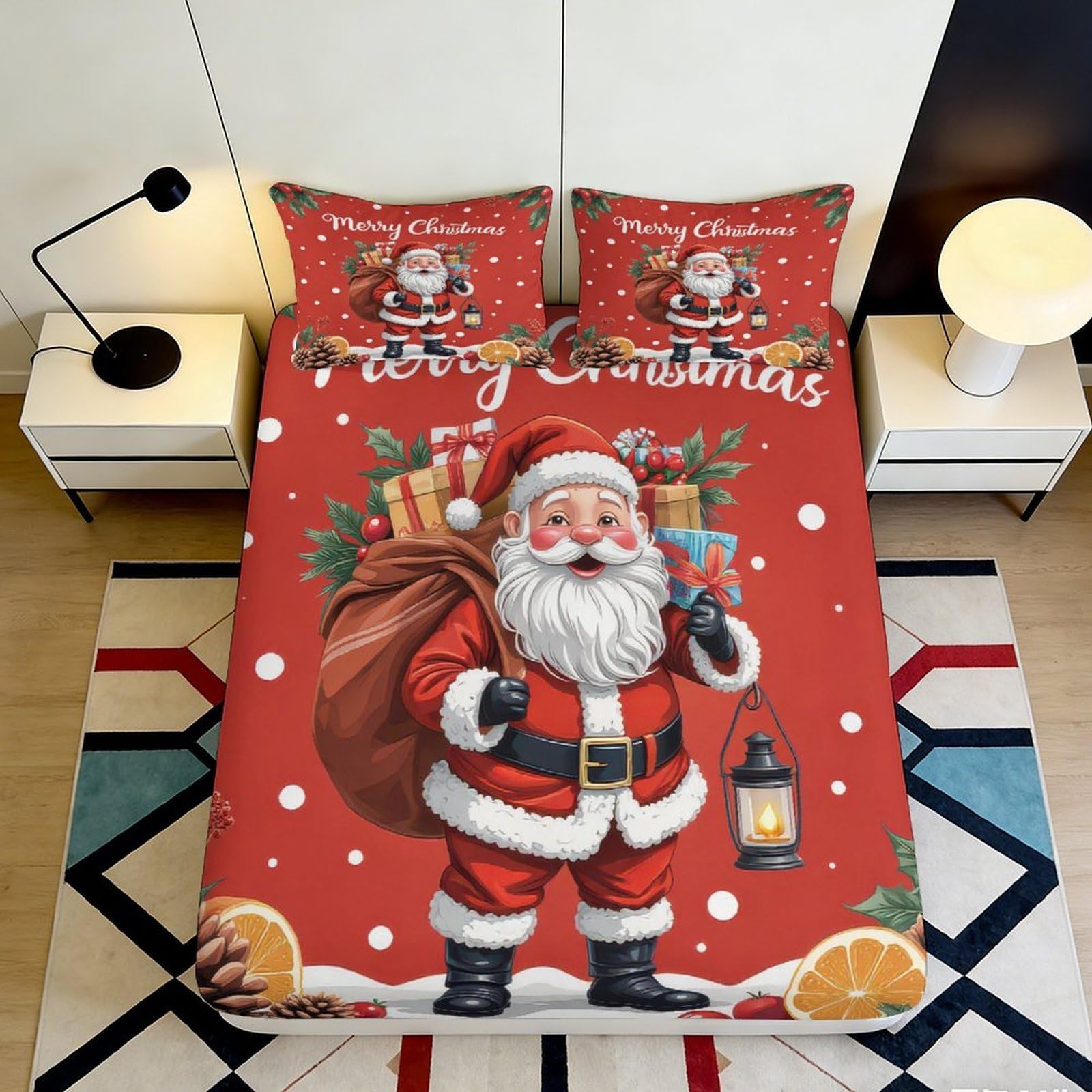 3D Printed Santa Claus Fitted Sheet Microfiber Red Bed Cover for Bedroom Guest Room Home Decor 90x200x25cm