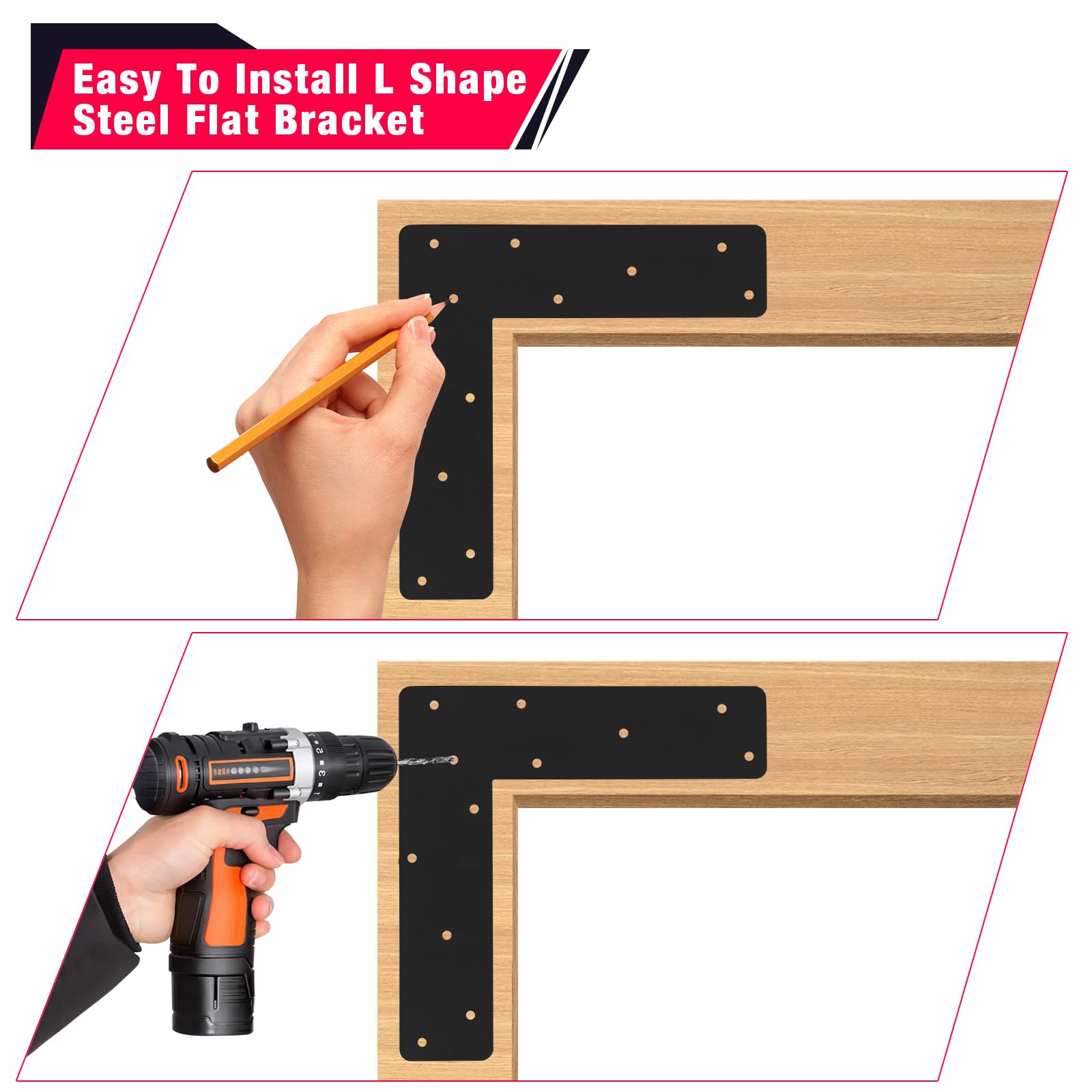 4 Stück L-förmige flache Halterungen, 30 x 30 cm, Reparaturplatte mit schwarzen, pulverbeschichteten rechtwinkligen Halterungen, Eckwinkel, L-förmige Platte mit Schrauben für Reparatur, Haus, Möbel,