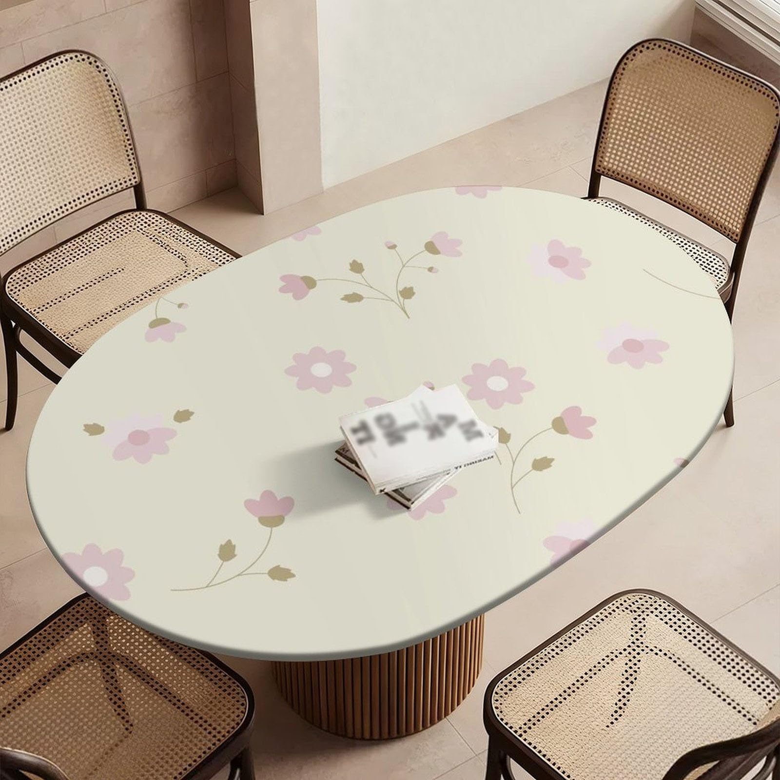 Highdi Waterproof Oval Tablecloth Cover - Oxford Cloth - Elastic Fitted for Kitchen/Garden Oval Tables, Stain-Resistant Wipe-Clean Floral Printed Table Cover (Pink flowers,116x162cm)