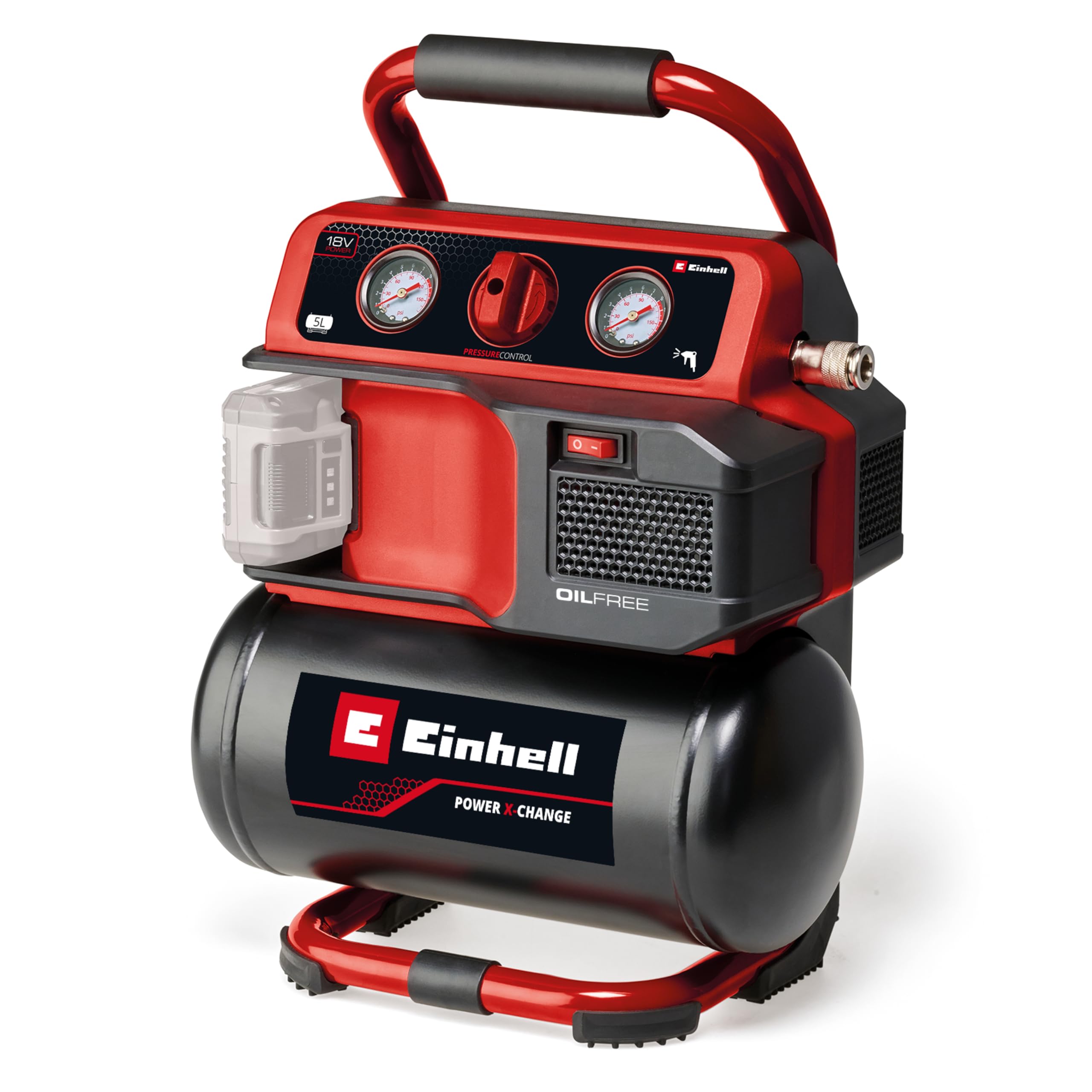 Einhell Compresor con batería TE-​AC 18/​75 Li OF-​Solo Power X-​Change (18 V, máx. 8 bar, depósito de 5 l, potencia de aspiración 75 l/​min, 2 manómetros, sin aceite, sin batería)