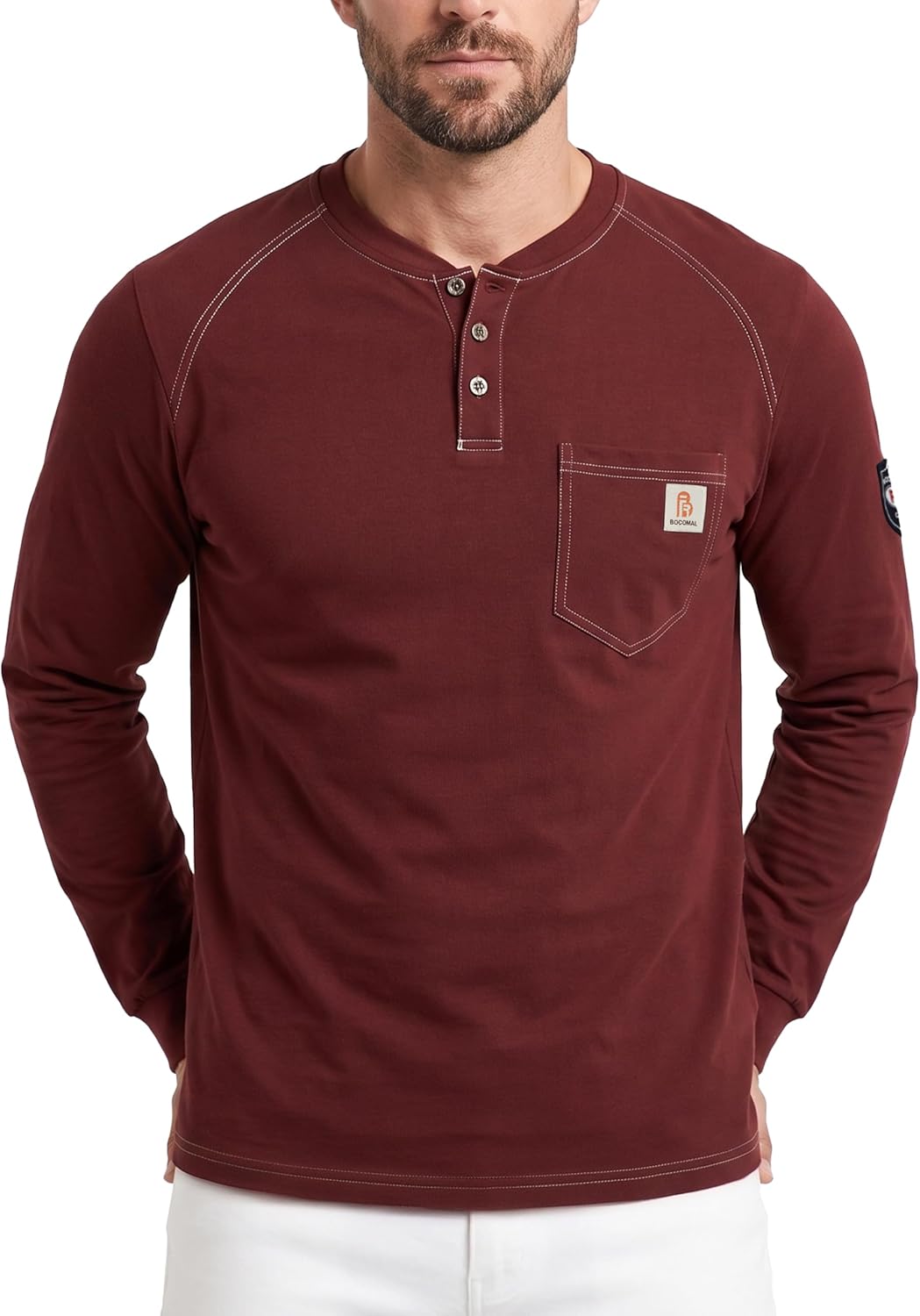 BOCOMAL Men's FR Henley Shirt Flame Resistant 5.5oz Cotton Long Sleeve Workwear UL NFPA2112 CAT2 Welding Tee