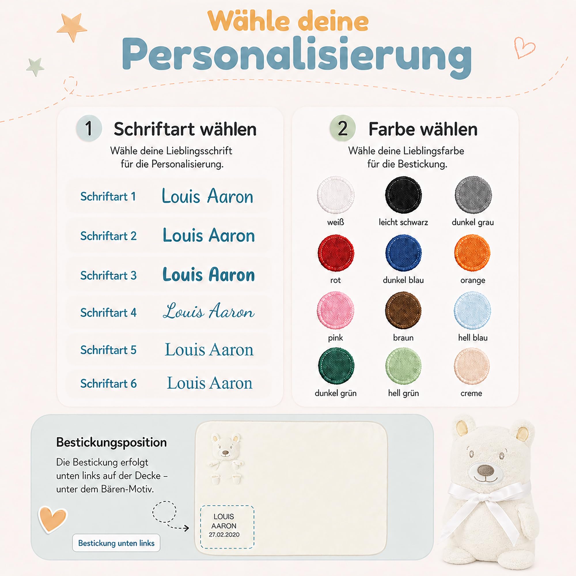 Babykajo Babydecke personalisiert – 2in1 Babydecke Wird zusammengerollt zum Tierchen – Perfektes Baby Geschenk zur Geburt für Jungen und Mädchen!