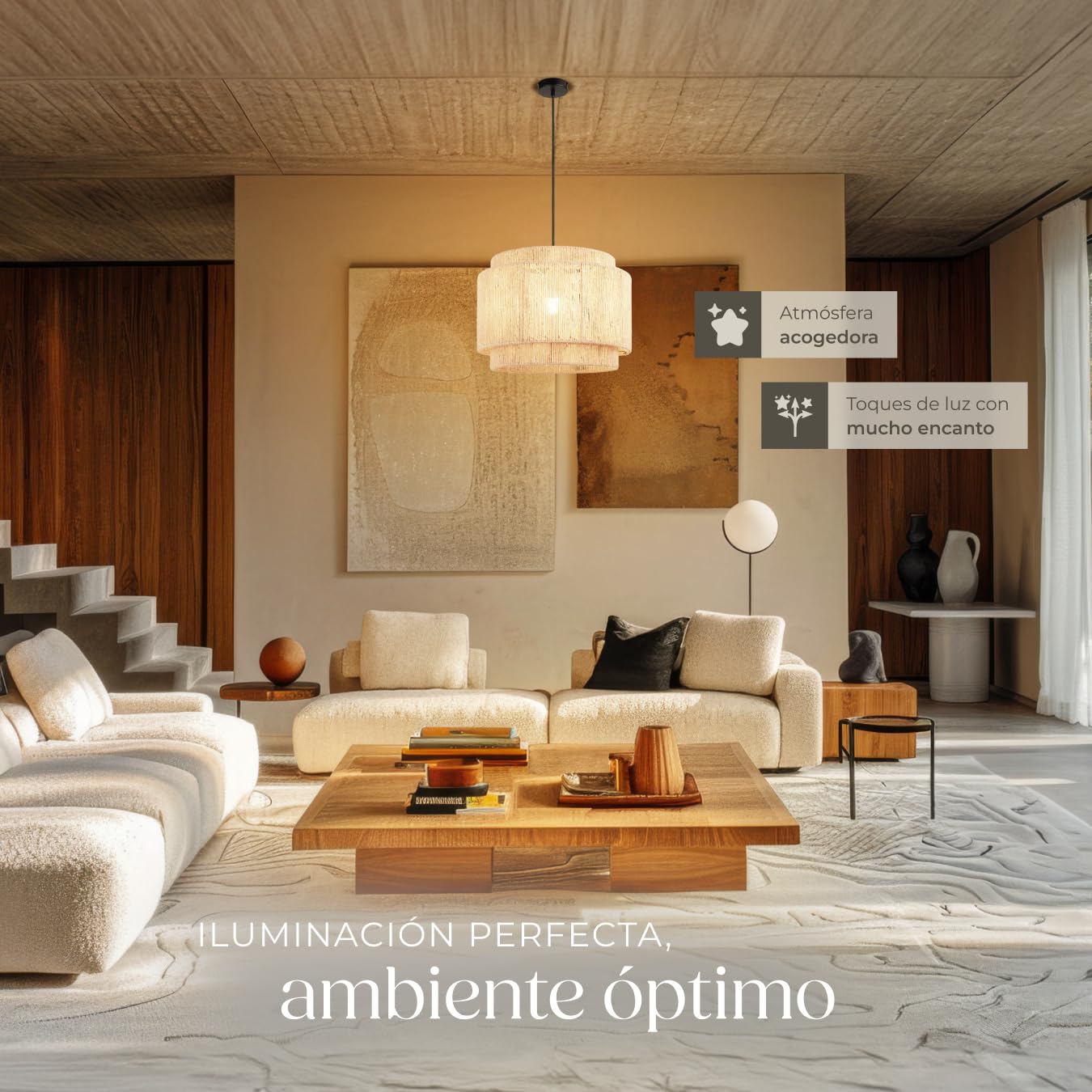 tectake® Lampara Techo Dormitorio Boho Artesanal en Yute Sostenible con Estructura de Acero, Lámpara de Techo Colgante Salón 40 W, Lampara Salon, Plafon - 46 x 46 x 32 cm