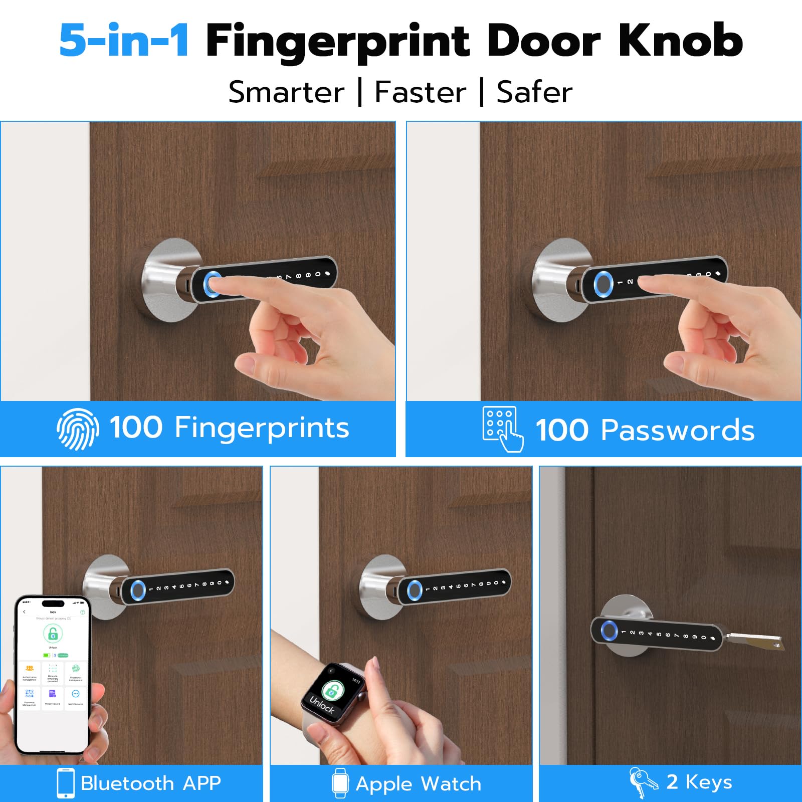 Anweller 5-in-1 Smart-Türschloss, Fingerabdruck-Türschloss mit Code-App, schlüsselloser Zugang, intelligentes Schloss mit Türgriff für Schlafzimmer, Zuhause, Hotel, Büro, Silber