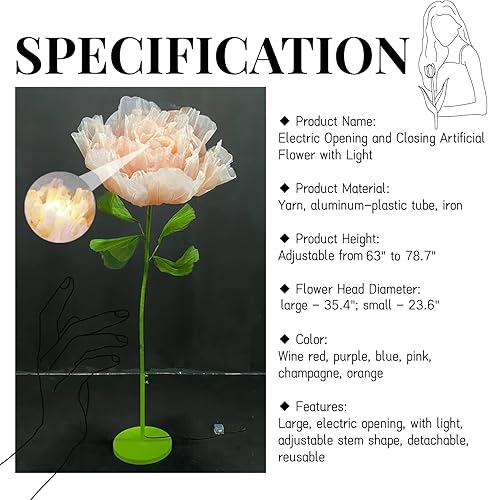 Miniatura 7 de Decoración de flores gigantes con luz, 6.56 pies, grande, eléctrica, de apertura automática, decoración floral de organza para boda, cumpleaños,