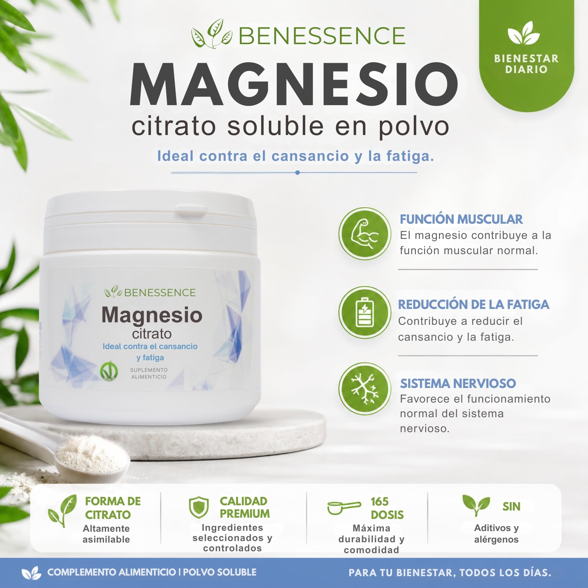 Benessence - Citrato de Magnesio en polvo soluble - Complemento alimenticio - 2 x 500 g