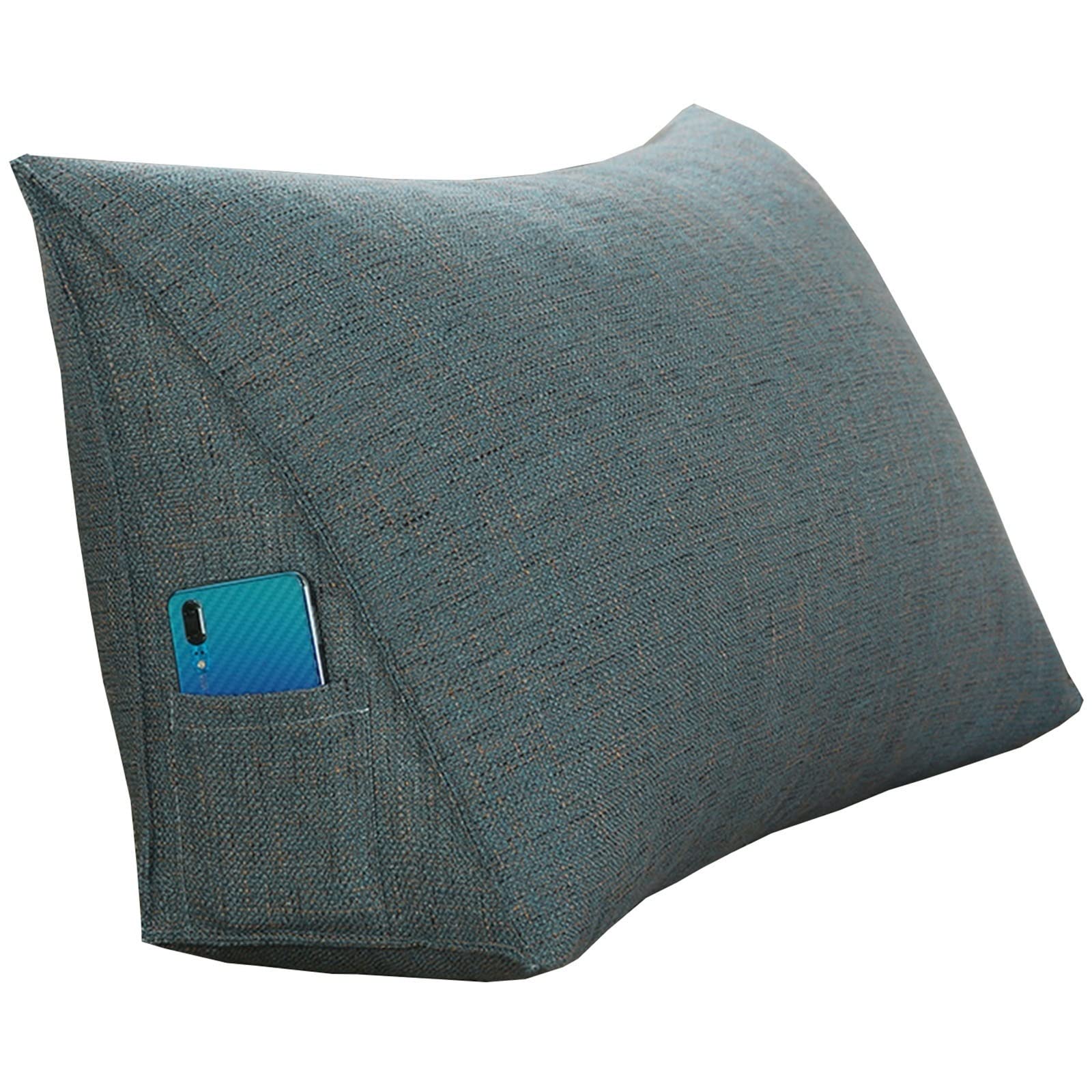 Lesekissen Rückenkissen mit Seitentaschen, Großes Keilkissen, Gewaschenes Leinen Dreieckige Kissen zum Entspannend Sitzung Spielen Lektüre Bettsitzkissen (Color : Blue, Size : 70x35x20cm)