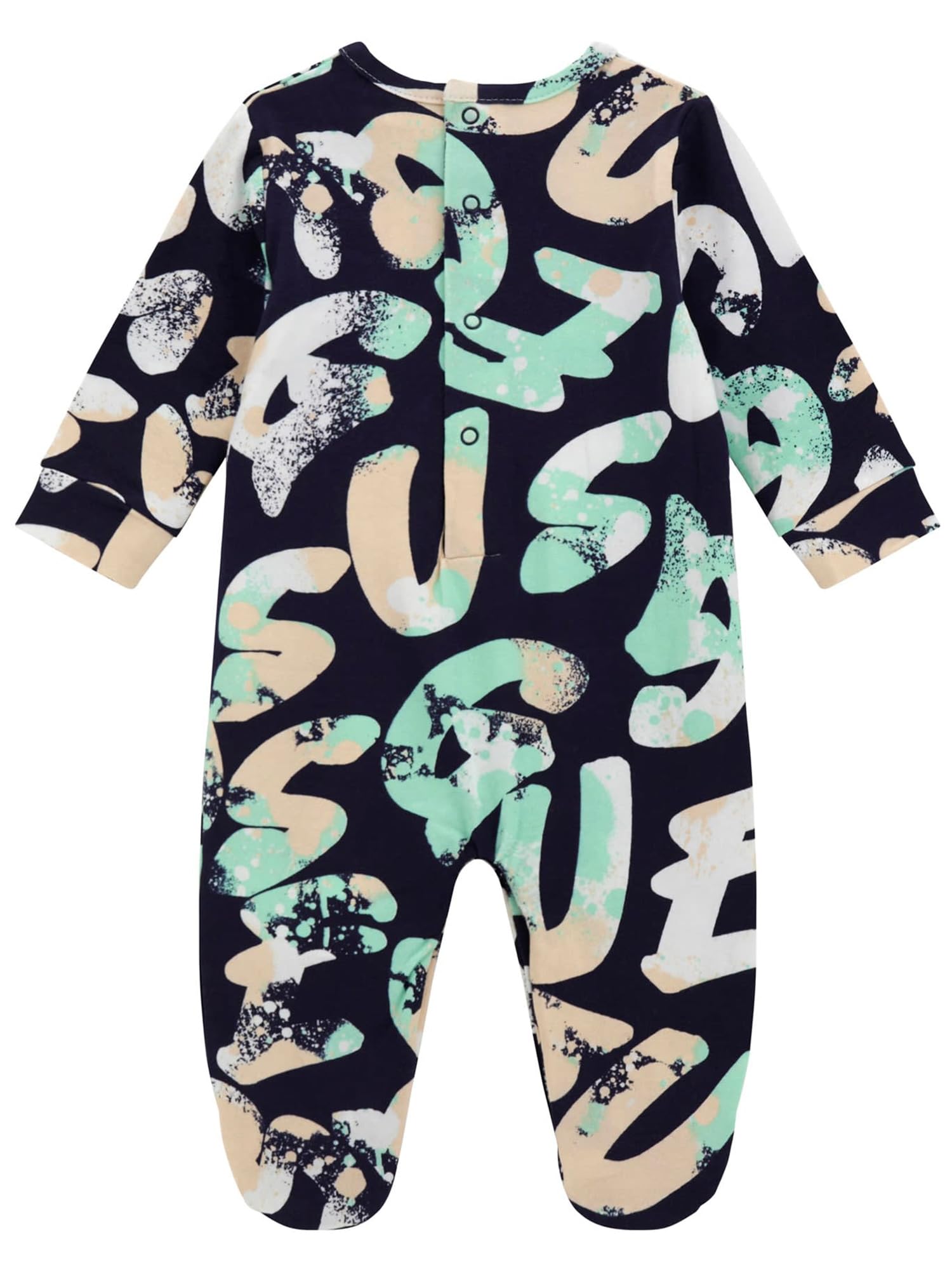 GUESS Baby Boy Eco Long Sleeve Stretch Jersey Printed Onesie, White Logo Lettering Aop, 9