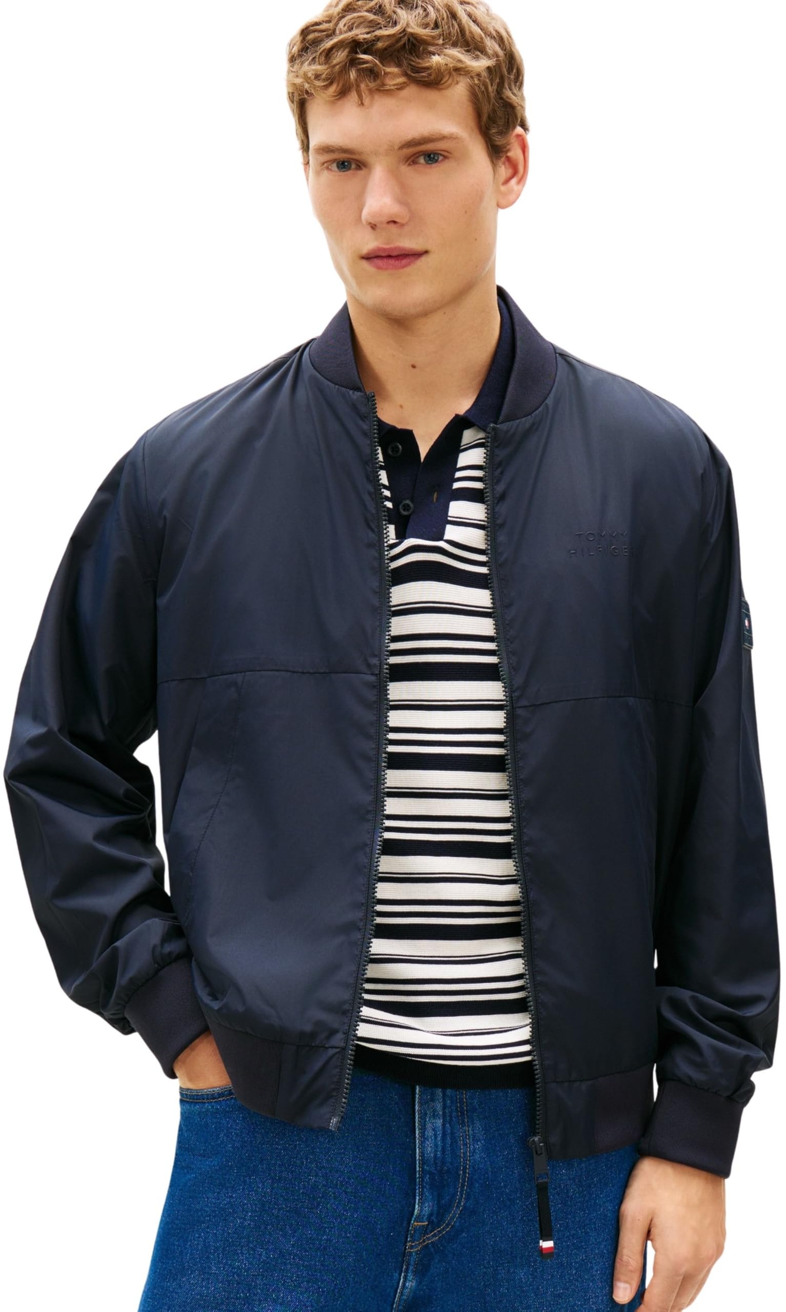 Tommy Hilfiger Men’s Bomber Jacket Branded Water Repellent, Blue (Desert Sky), L