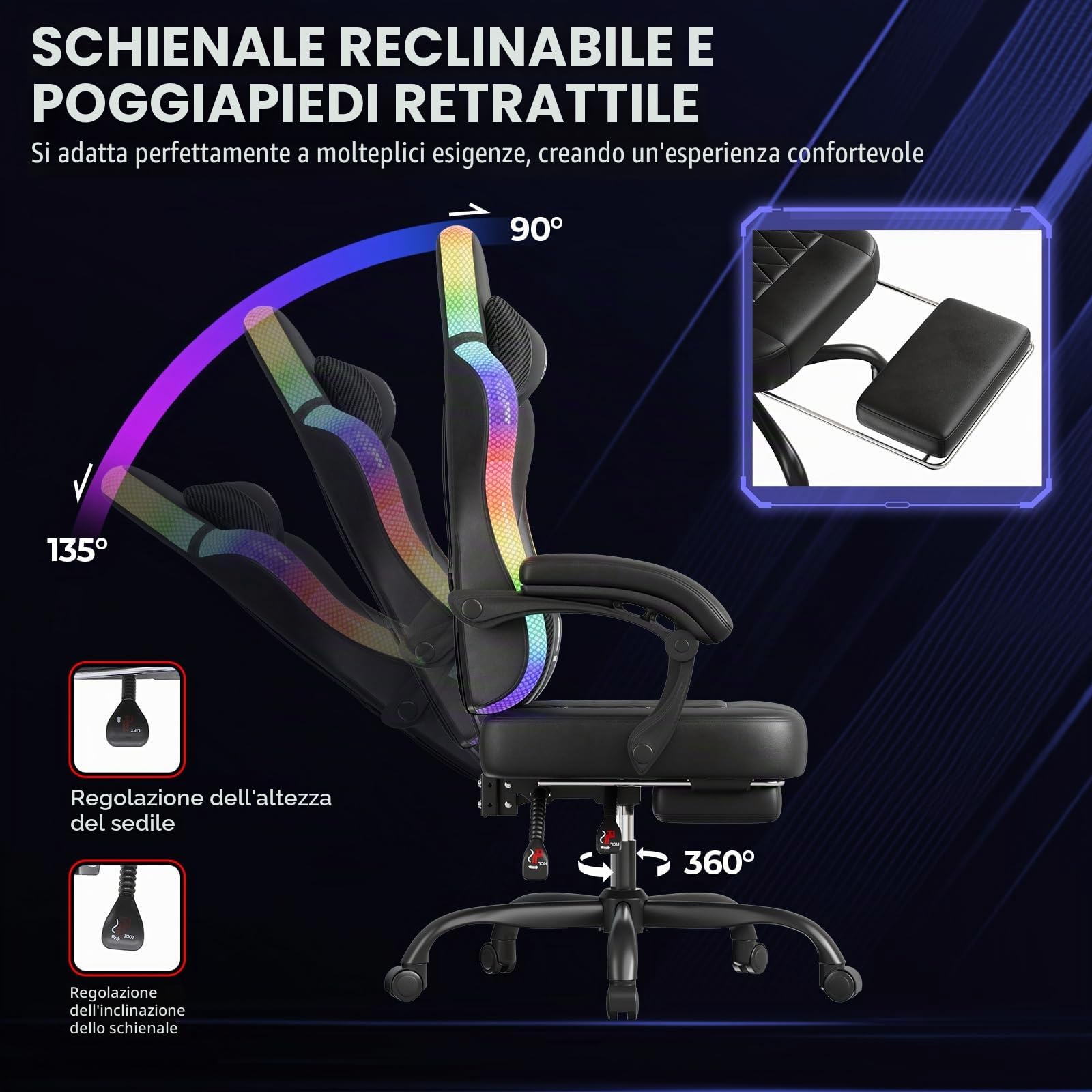 GTPLAYER Sedia da gioco, sedia da ufficio, sedia da gioco con barra luminosa a LED, sedia da giocatore, schienale con custodia, sedia ergonomica in PC con telecomando