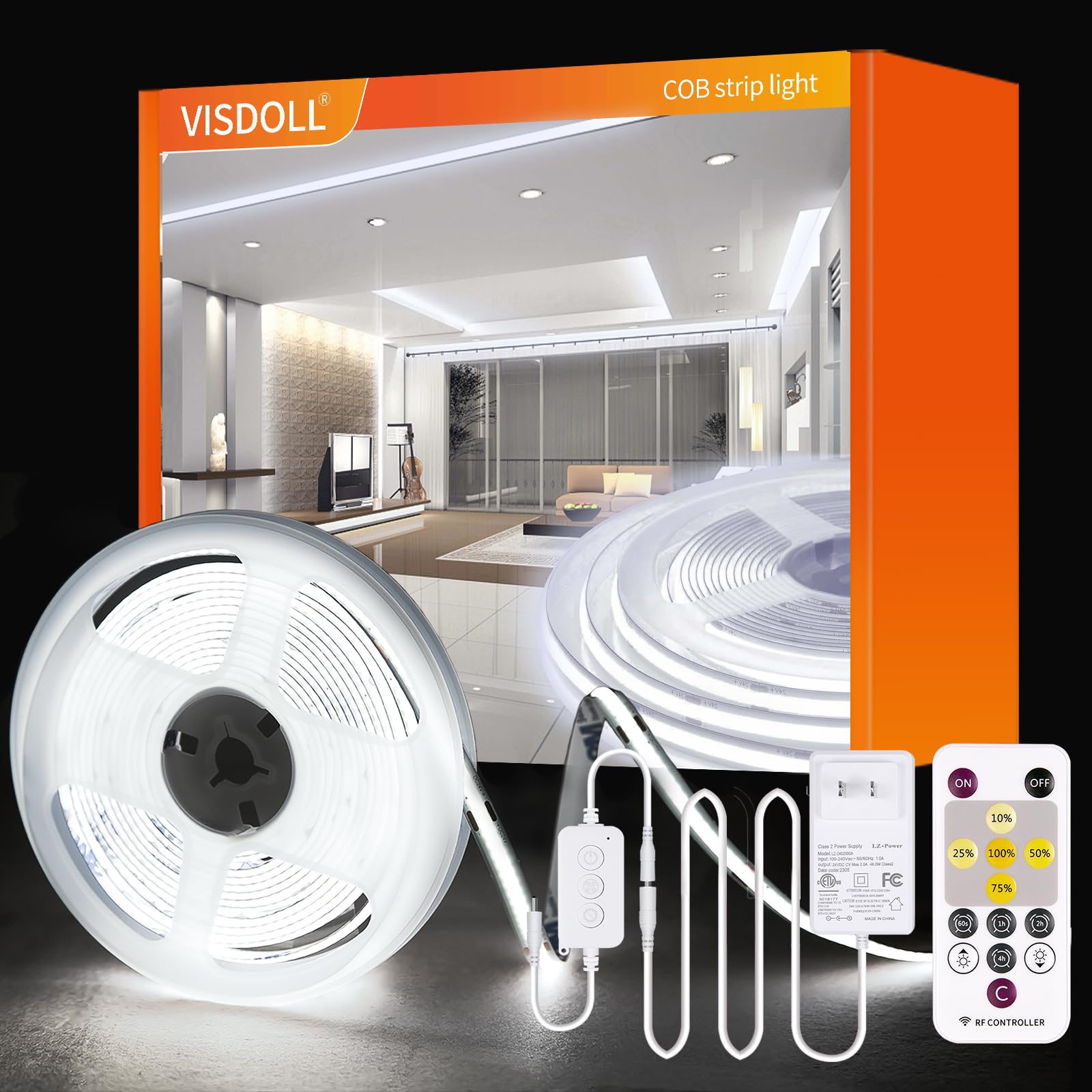 COB LED Strip Light 16.4ft/5m Cool White 6500K with Controller & 24V Power Adapter,Super Bright Light Strip Kit,Dimmable CR90+ Flexible LED Tape Light for TV Bedroom & Kitchen DIY Lighting