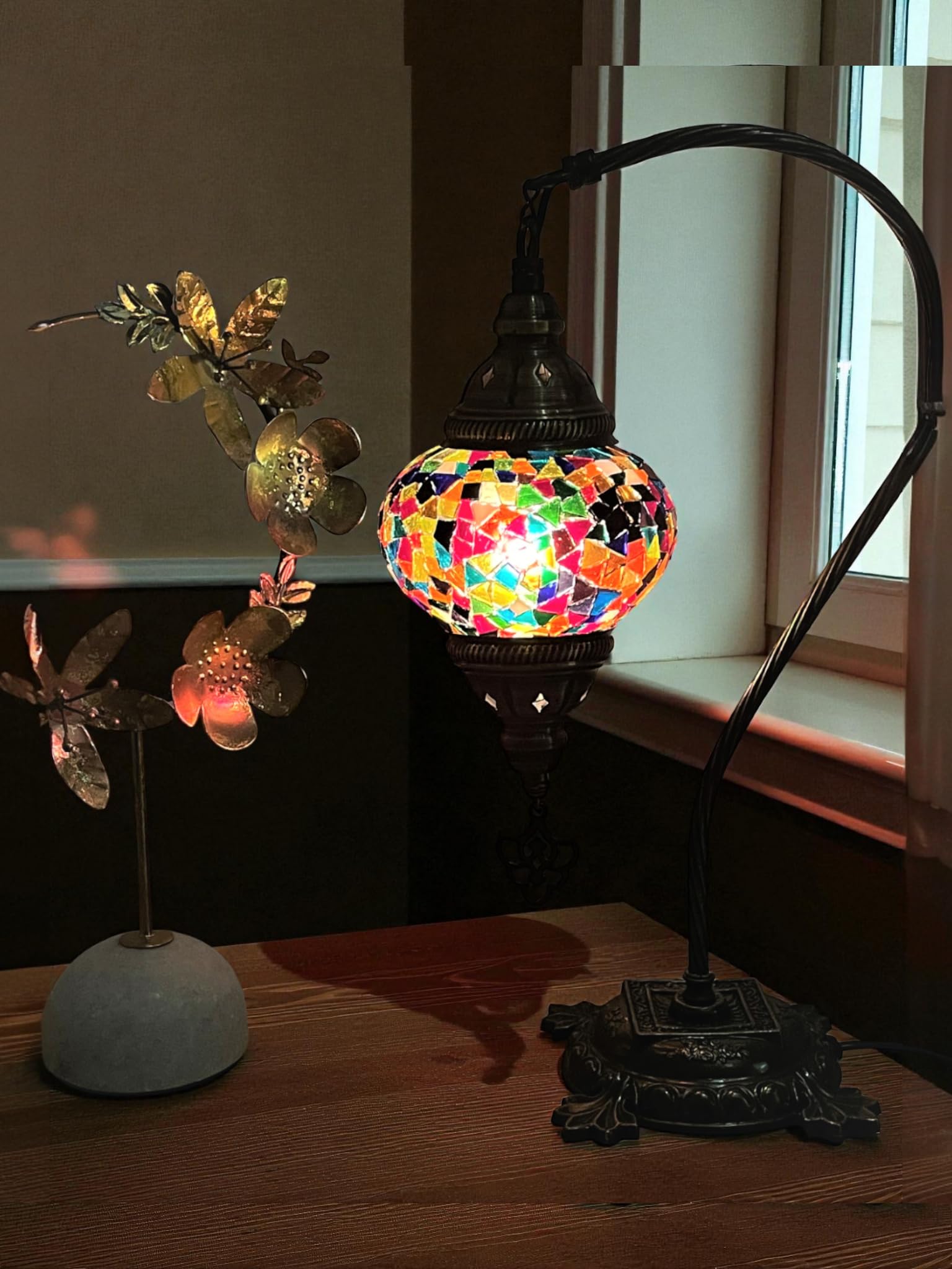 Lightza Handmade Turkish Moroccan Mosaic Desk Lamp LED Bulb | Swan Neck Unique Globe Lampshade Table Light | UK Tested Safe Energy Efficient (Black Multi Color) โ image 1