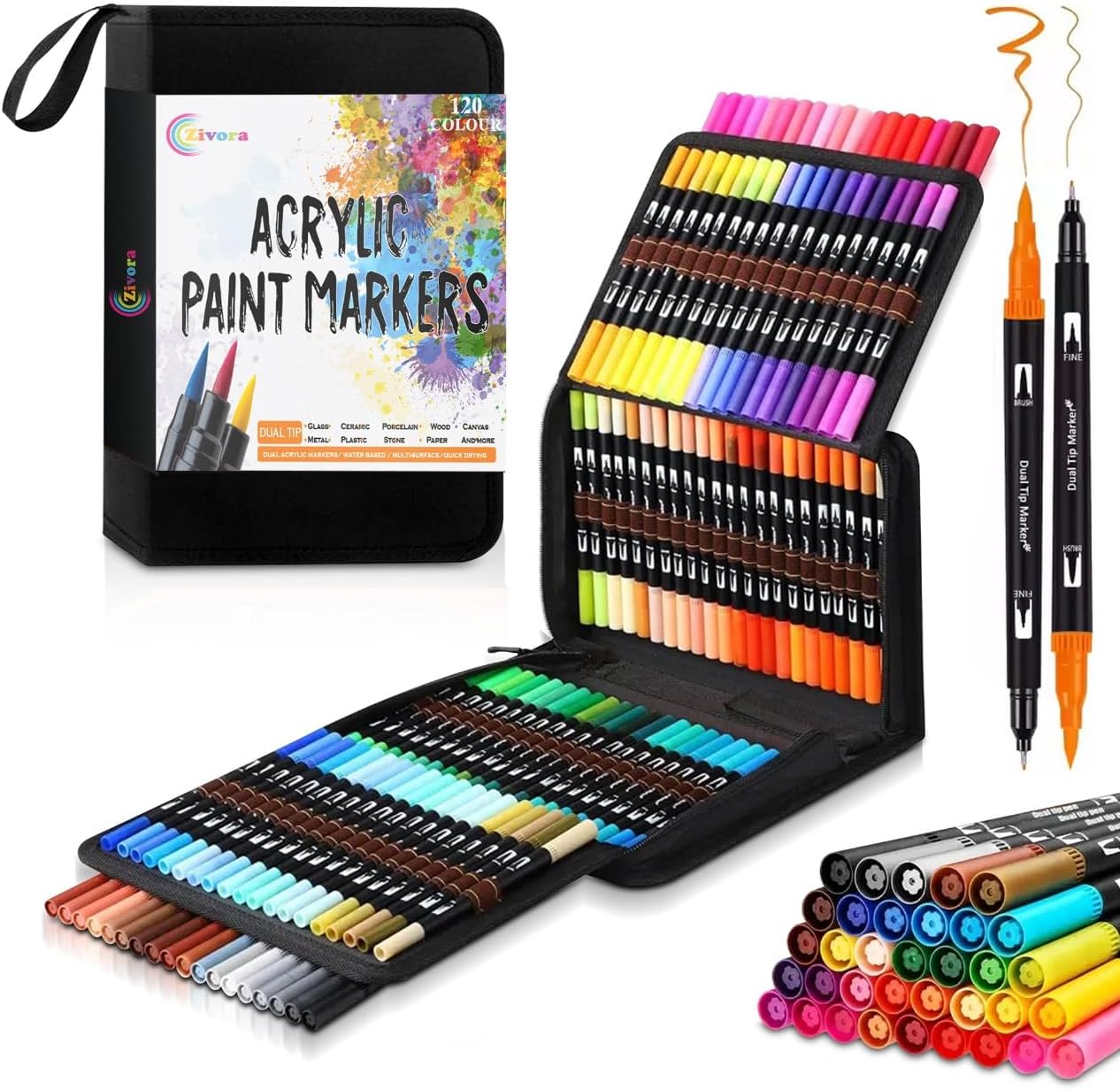 Acrylic Paint Markers Set 120 Colors Dual Tip (3mm Medium + Brush Tip) | Water-Based Acrylic Paint Pens for Glass, Wood, Rock, Canvas, Metal, Fabric, Plastic, Stone | Quick-Dry Paint Markers with Case