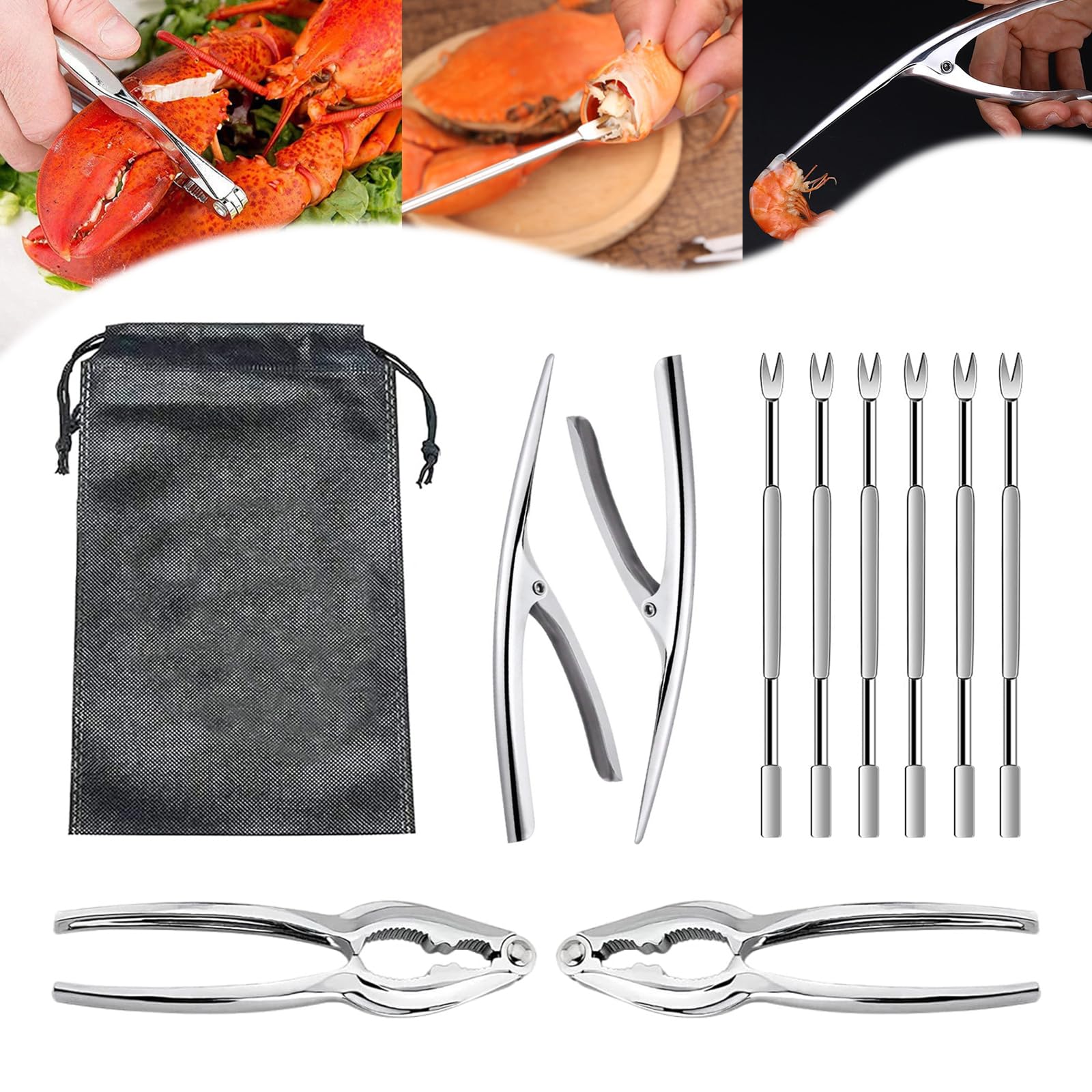 Crab Crackers and Tools Set of 10, Seafood Tools with Stainless Steel including 2 Lobster Crab Crackers, 2 Shrimp Deveining Tool and 6 Crab Forks