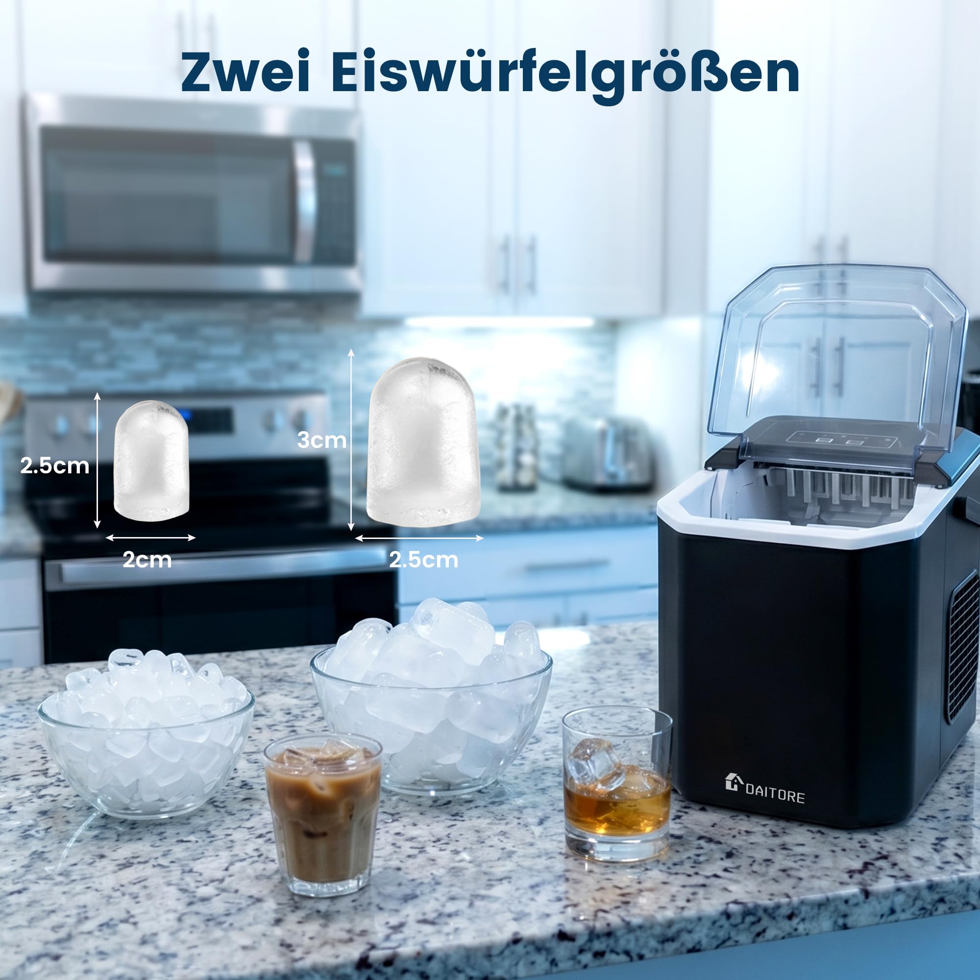 Eiswürfelmaschine Klein, Eiswürfelbereiter mit Tragbarem Griff, 2 Eiswürfel Größen, 9 Würfel in 6 Minuten Fertig, Selbstreinigende Eiswürfelmaschinen Ice Maker für Zuhause