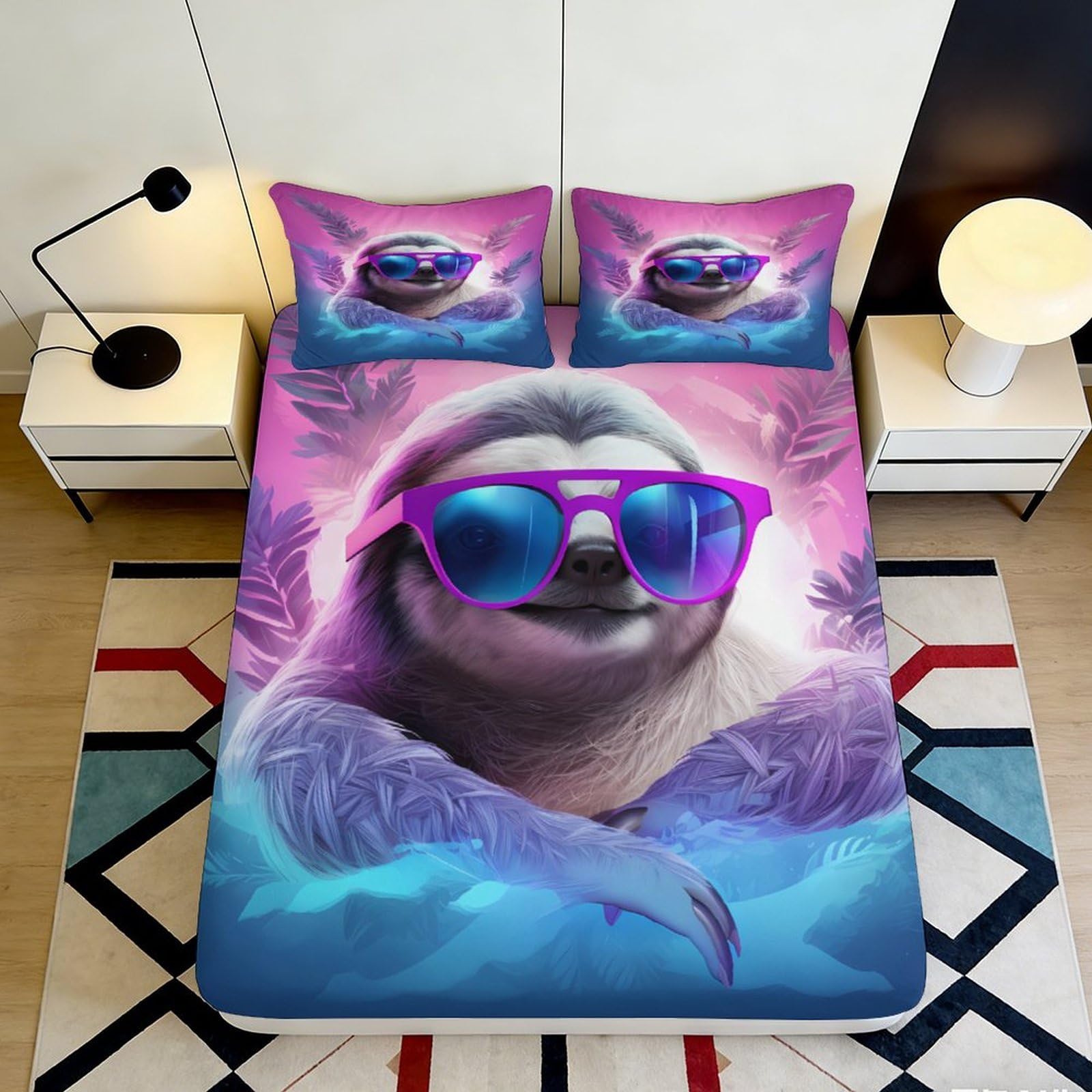 3D Printed Sloth Sunglasses Fitted Sheet Microfiber Soft Anti-Slip Tropical Jungle Bed Cover for Bedroom Guestroom 140x200x25cm