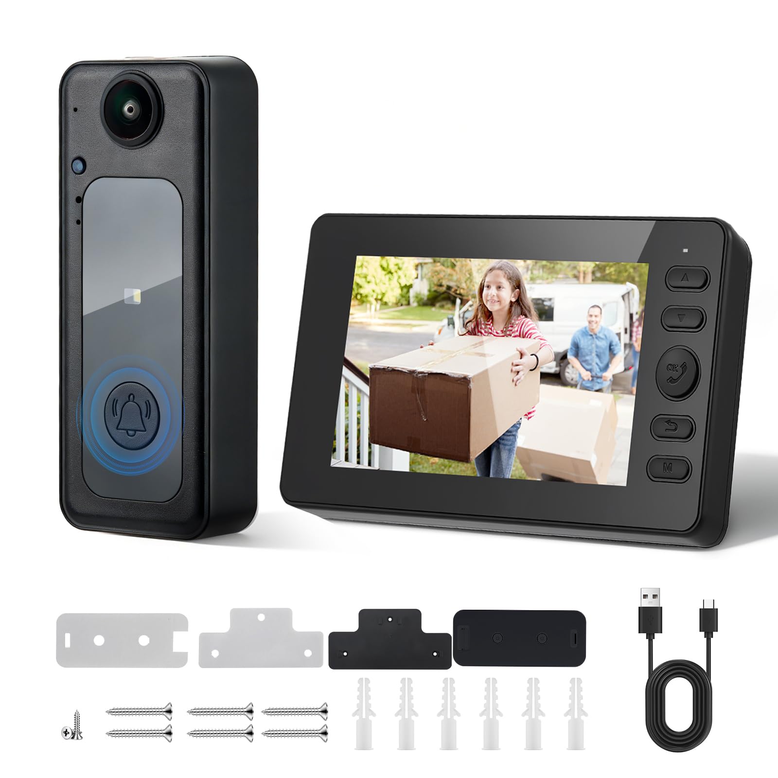 Sonnette sans Fil avec Caméra, Etanche Sonnette Vidéo sans Fil, 1080P HD IPS 4.3", Audio Bidirectionnel, Infrarouge Vision Nocturne, Résistant aux intempéries, Angle de Vision 170°, 2.4G WLAN