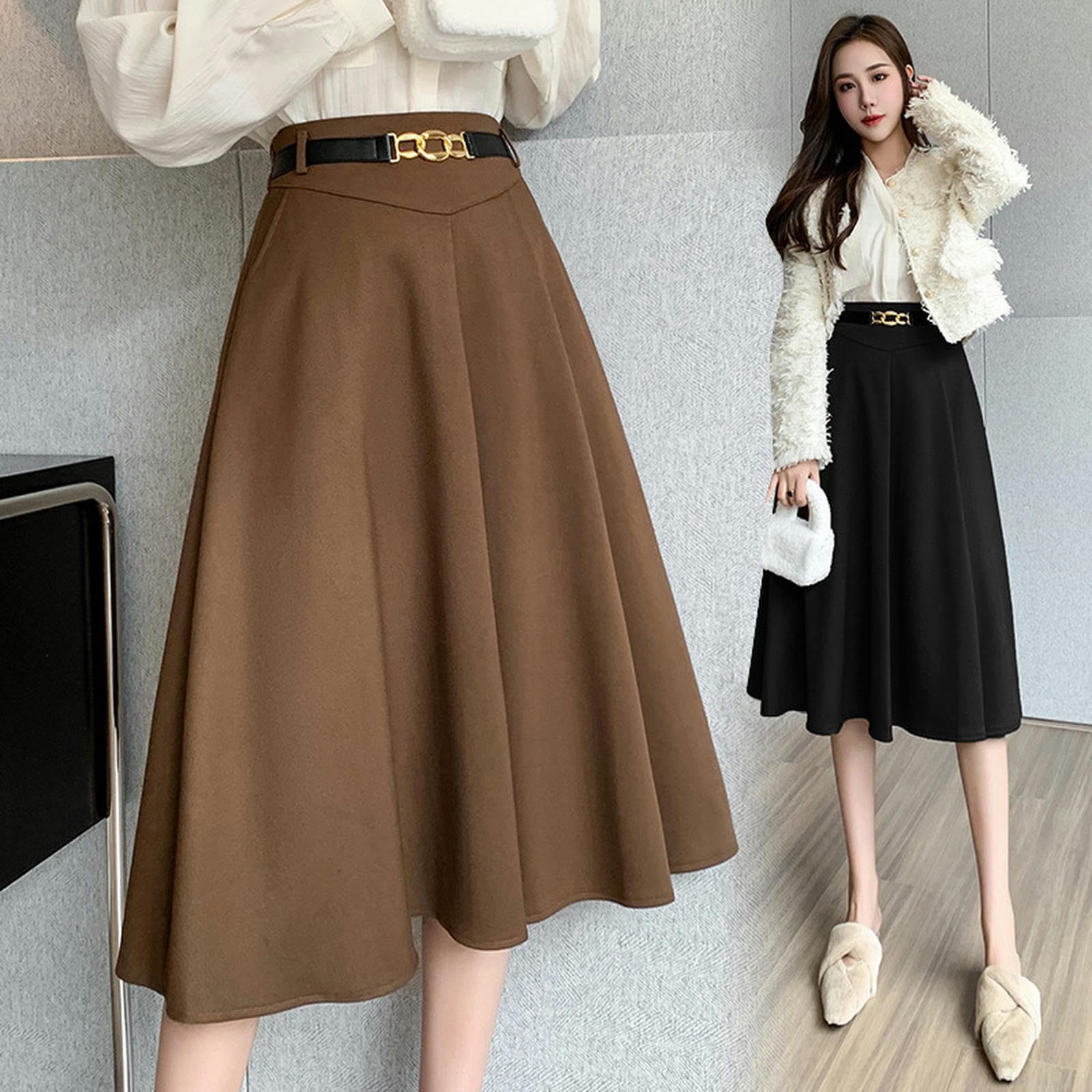 Gonna Lunga Donna Gonna delle Donne Elegante Lunga Midi Gonna Abbinamento Cintura A-Line Colore Autunno Inverno Moda Calda Gonna Plissettata Vita Alta-Nero-XL