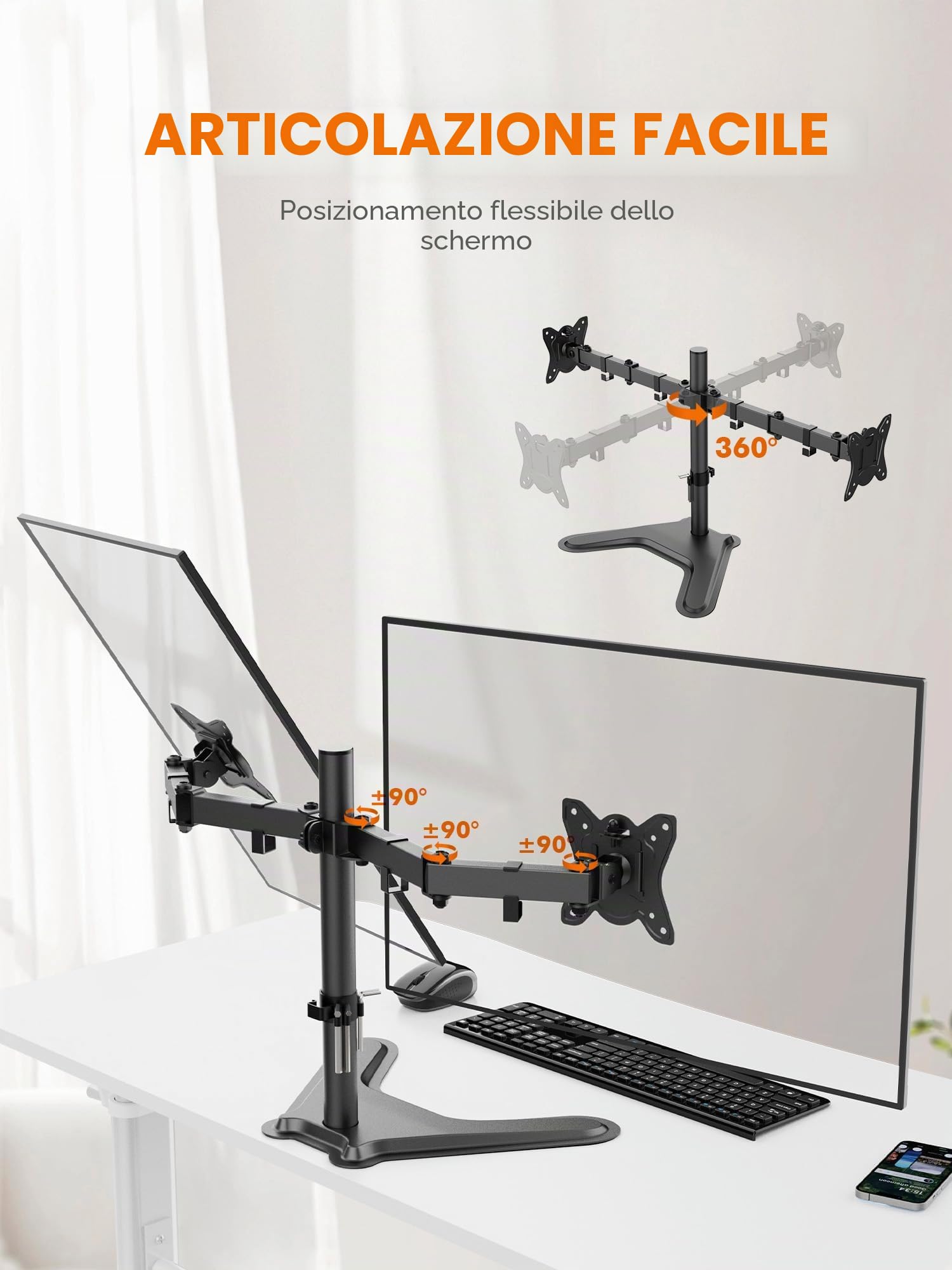 GRIFEMA Braccio Monitor Doppio per Schermi 13-32'', Supporto Doppio Monitor Altezza Regolabile, Base Allargata, Inclinazione, Girevole, Rotazione, Gestione dei Cavi, Fino a 10 kg, VESA 75/100mm