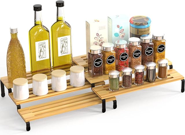 Cabinet Spice Rack Shelf Organiser 3 Tier Extendable Spice Holder Free Standing kitchen cabinet organiser spice stand Bamboo for Kitchen Pantry Cabinets, Natural and Black Set of 2