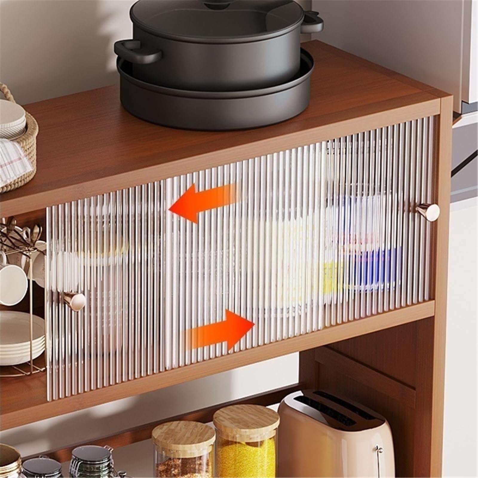 Cucina Credenza a parete con contenitore integrato in stile retrò, multifunzionale in soggiorno, anta in vetro Cassettiera