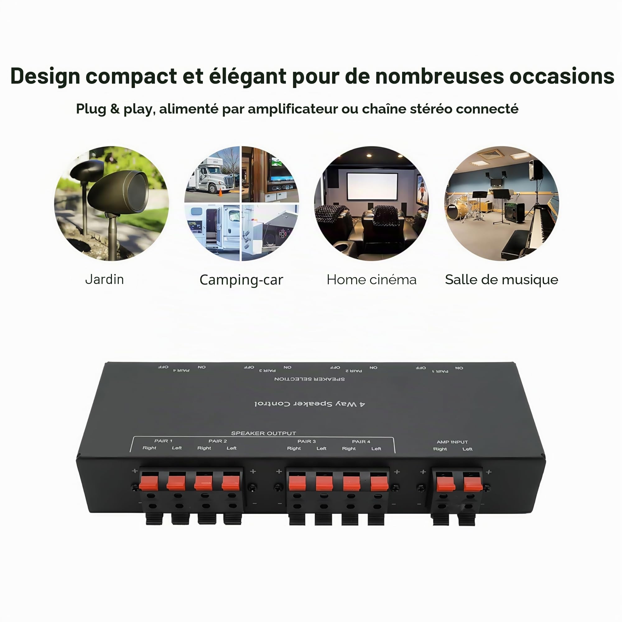 Sélecteur de haut-parleur passif à 4 canaux, concentrateur de distribution sonore à 4 zones, prend en charge jusqu'à 200 W/puissance totale, boîtier carré entièrement en métal
