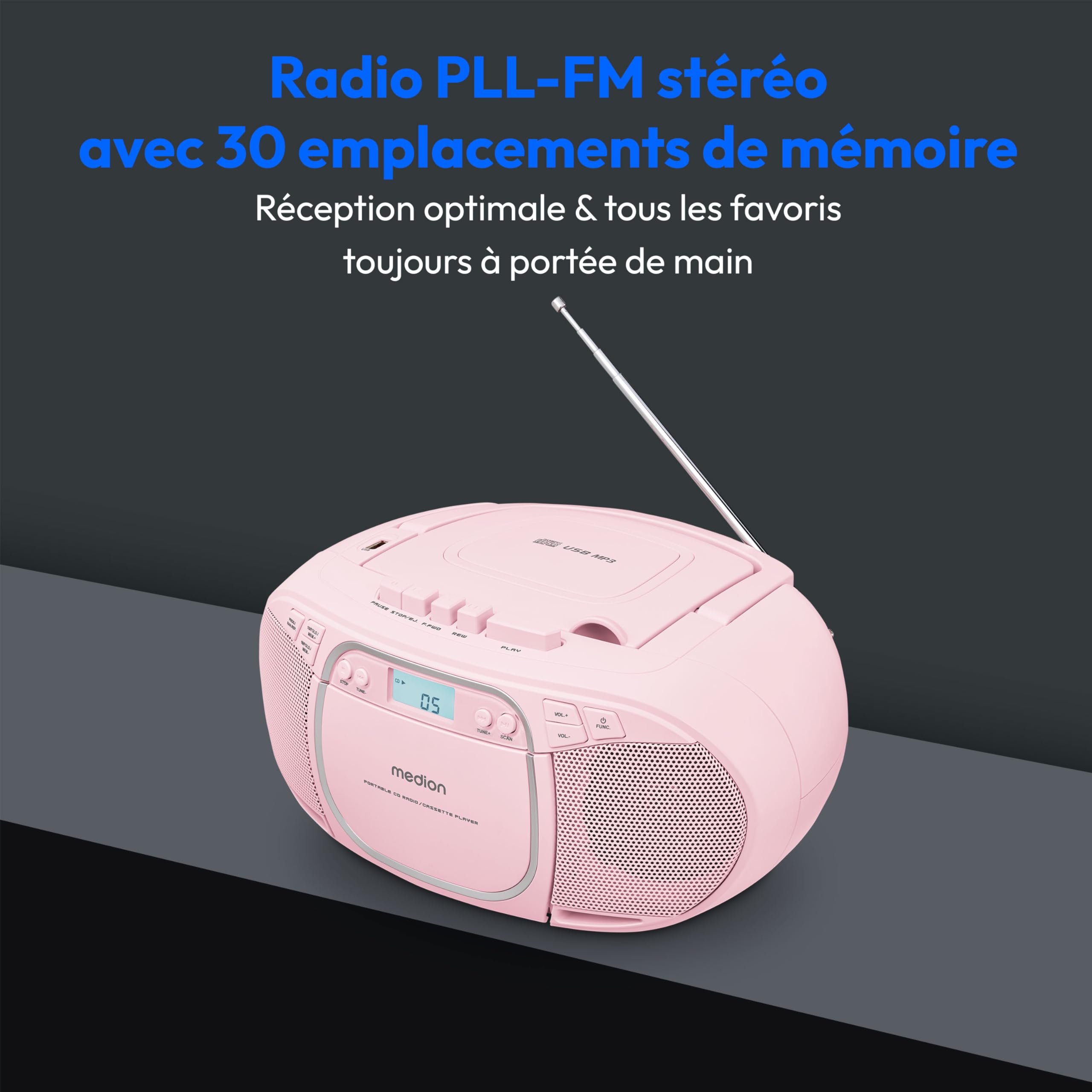 MEDION E66476 Stereo Sound System (Boombox, Lecteur CD, MP3, Cassette, Lecteur de Cassette Portable pour Enfants, Radio FM, AUX, écouteurs, Secteur & Batterie) Rose