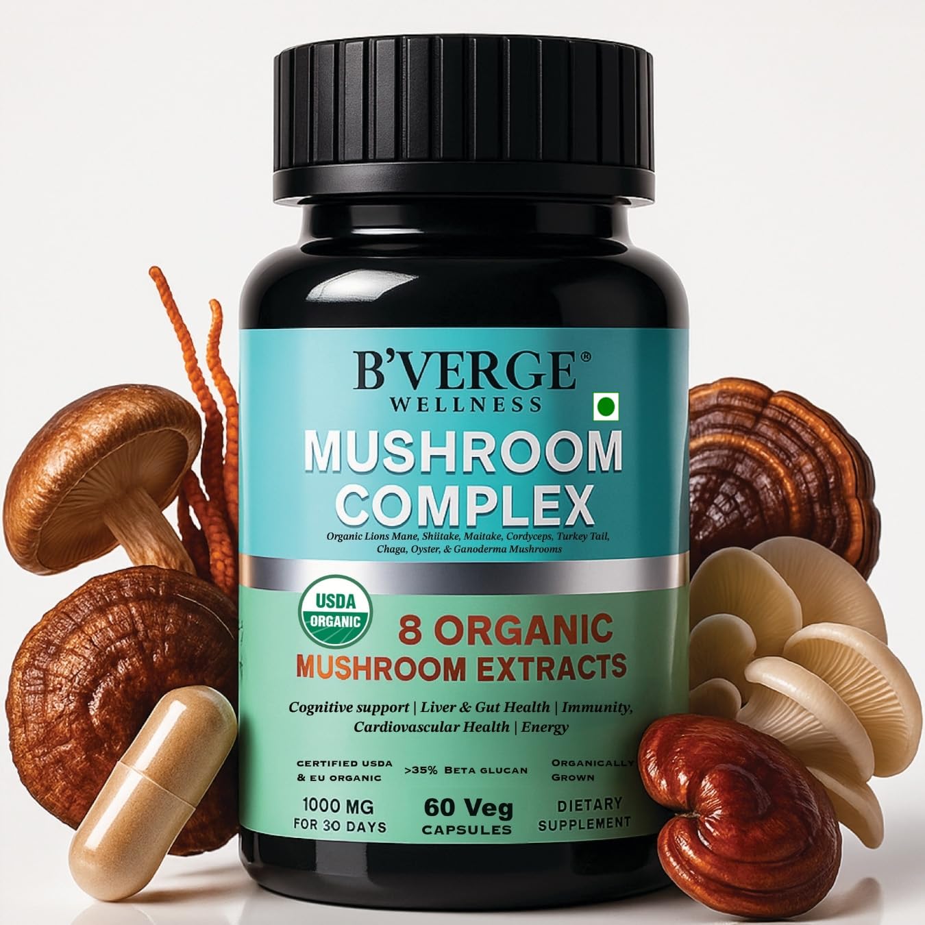 B'VERGE® Mushroom Complex Capsules- Lions Mane, Reishi, Cordyceps, Shiitake, Maitake, Turkey Tail, Oyster and Chaga - Nootropic Brain Supplements (60 Capsules, 60.0)