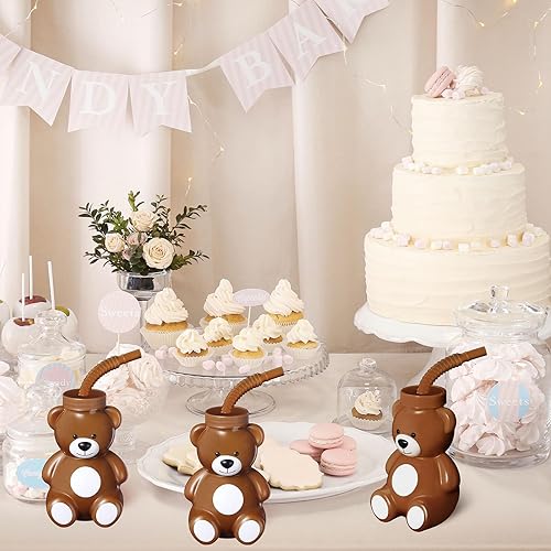 Miniatura 7 de Maxdot 12 piezas de regalos de fiesta de cumpleaños para baby shower, tazas de oso con pajitas, taza de plástico con forma de oso de 10 onzas, vasos