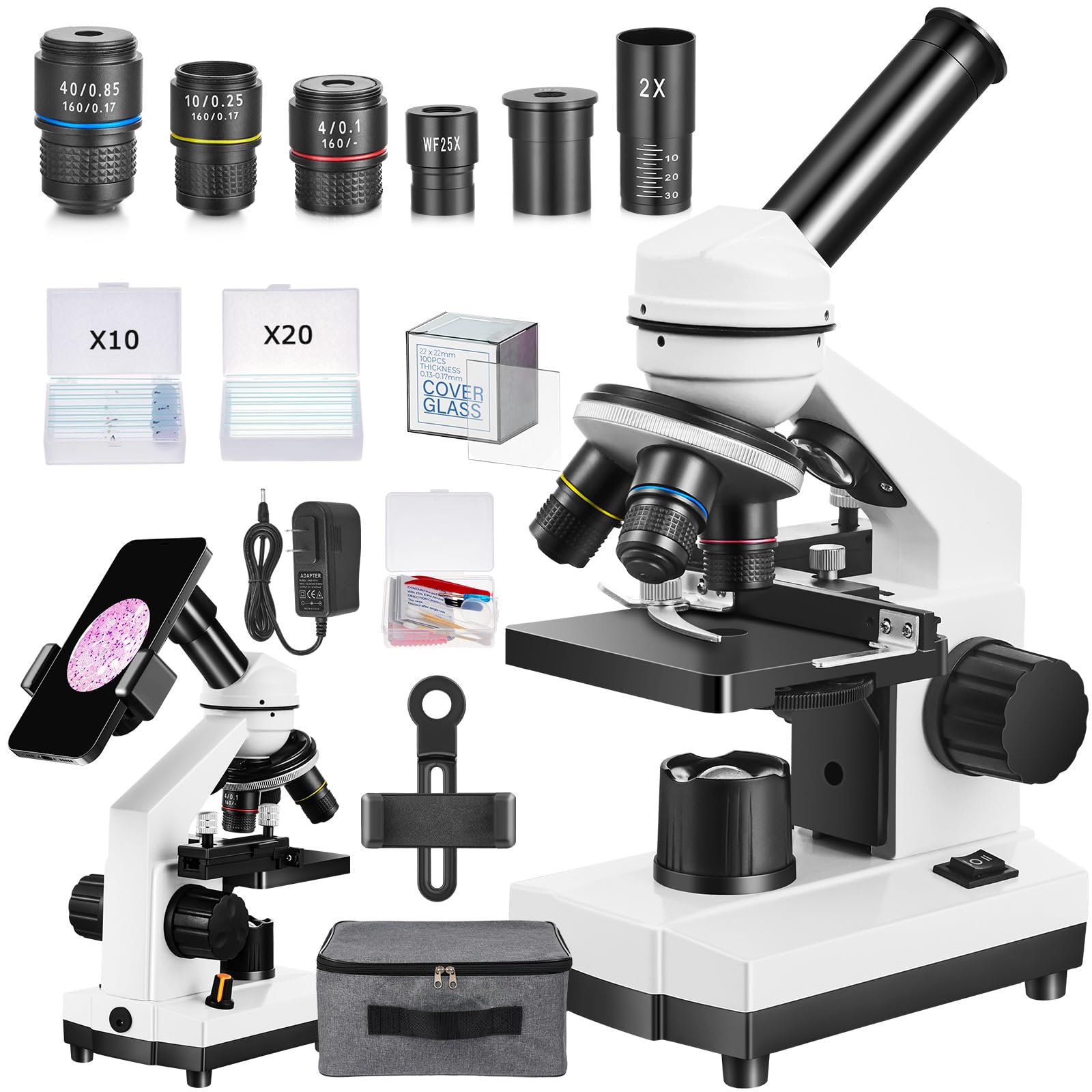 Microscope for Adults Kids,40X-2000X Monocular Microscope Kit for Home School Lab, 2 LED Lights & 5 Colors Kids Microscope with Phone Holder,10 Specimen Slides,20 Slides,100 Coverslips, Bag