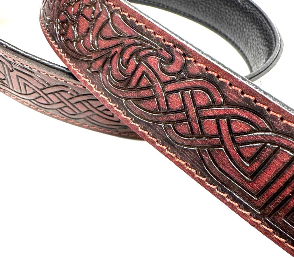 Walker And Williams M-20-RD Mahogany Red Leather Premium Padded Mandolin Strap With Celtic Chain Design, For Mandola, Bouzouki or Ukulele. For F And A Type Mandolins