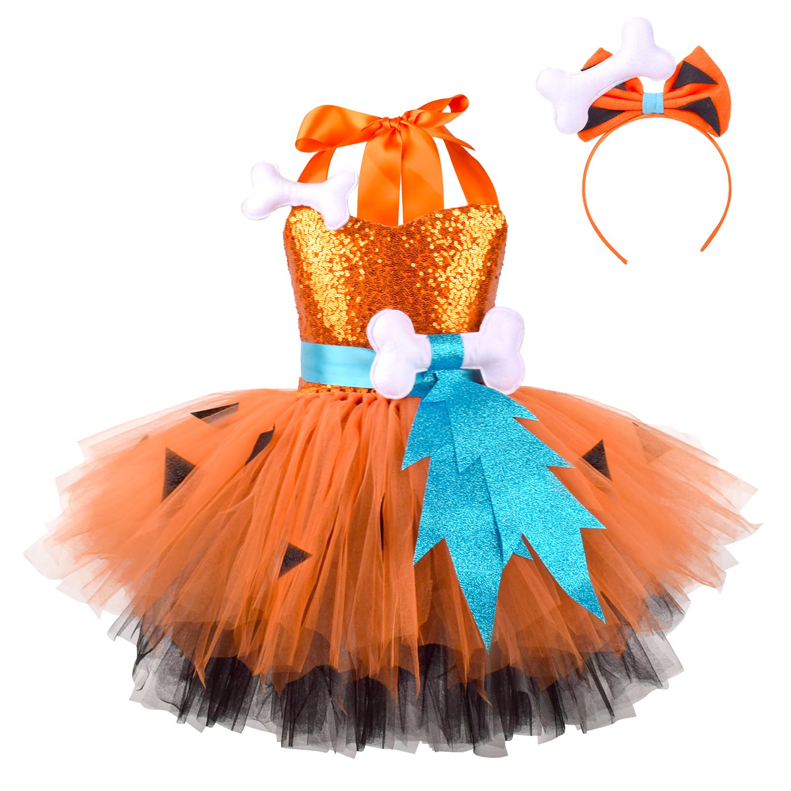 AGYMNX Halloween Costume Kids Girls Sequin Tutu Dress+ Headband 2pieces Girls Kids Carnival Cosplay Outfits Masquerade Party Costume Dress Up Set Orange Sequin 11-12Years