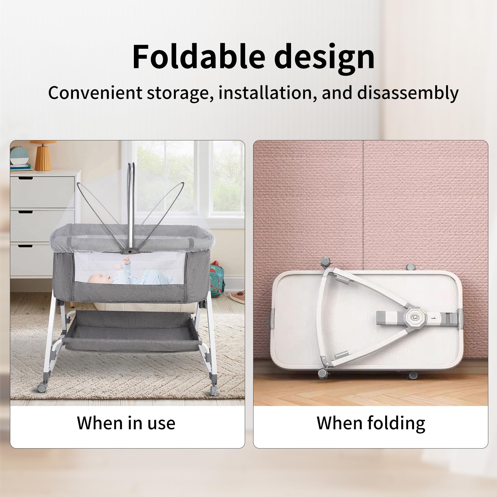 OHMG 4-in-1 Culla Neonato Fianco Letto,Lettino Dondolo con materassino, cinghie di fissaggio e rotelle,Regolabile In Altezza,Culla Co-sleeping,Facilmente Ripiegabile per Infanti