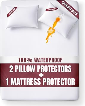 Waterproof Mattress Protector and Pillow Cases, Queen Size, Includes +2 Zippered Pillow Protectors and 1 Mattress Cover Set, Fitted Sheet Style Deep Pockets with All Around Elastic