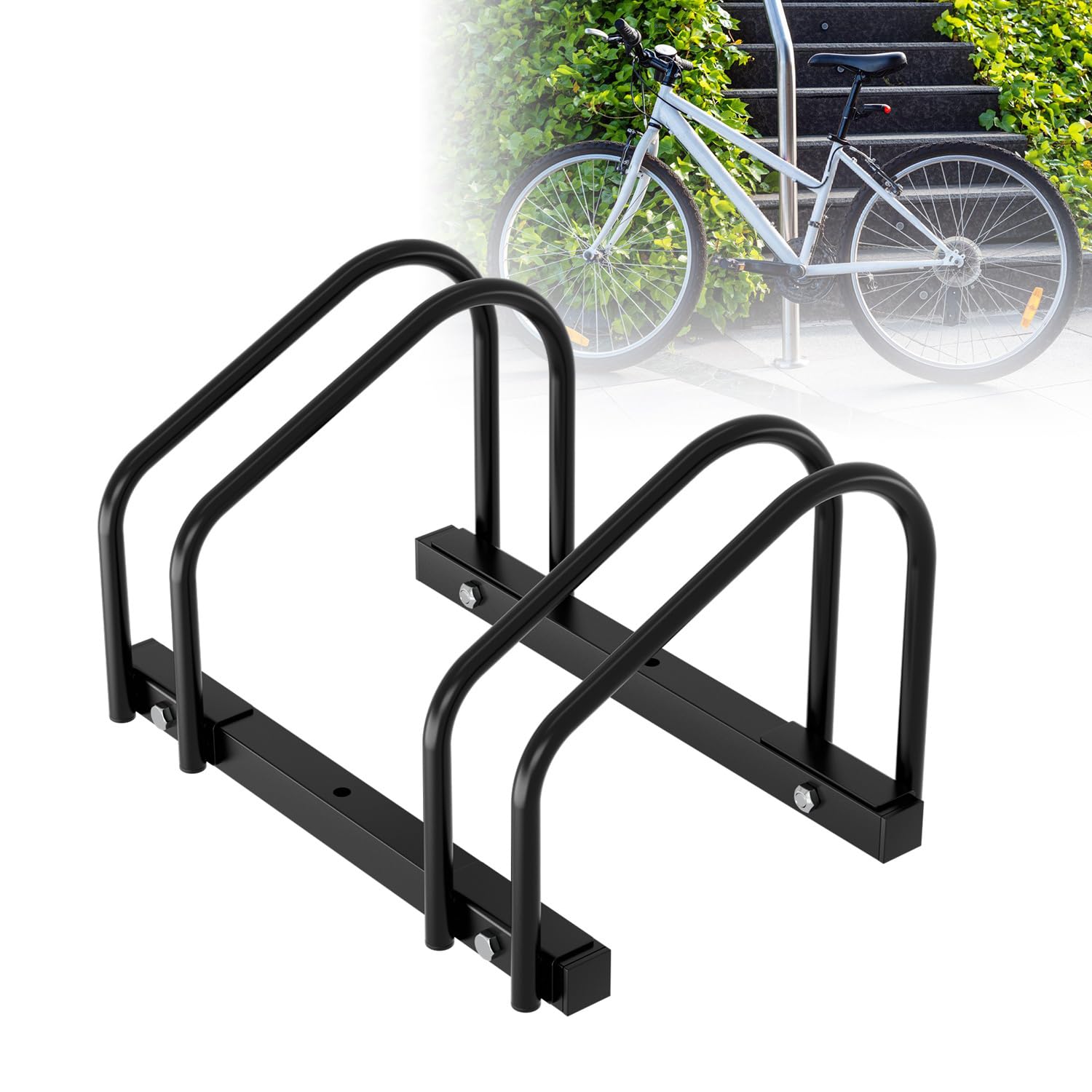Soporte de bicicletas para el suelo para 2 bicicletas, distancia entre ruedas de 30 cm, ancho de neumático de 35-55 mm, acero inoxidable, tornillos de seguridad, montaje en el suelo o en la