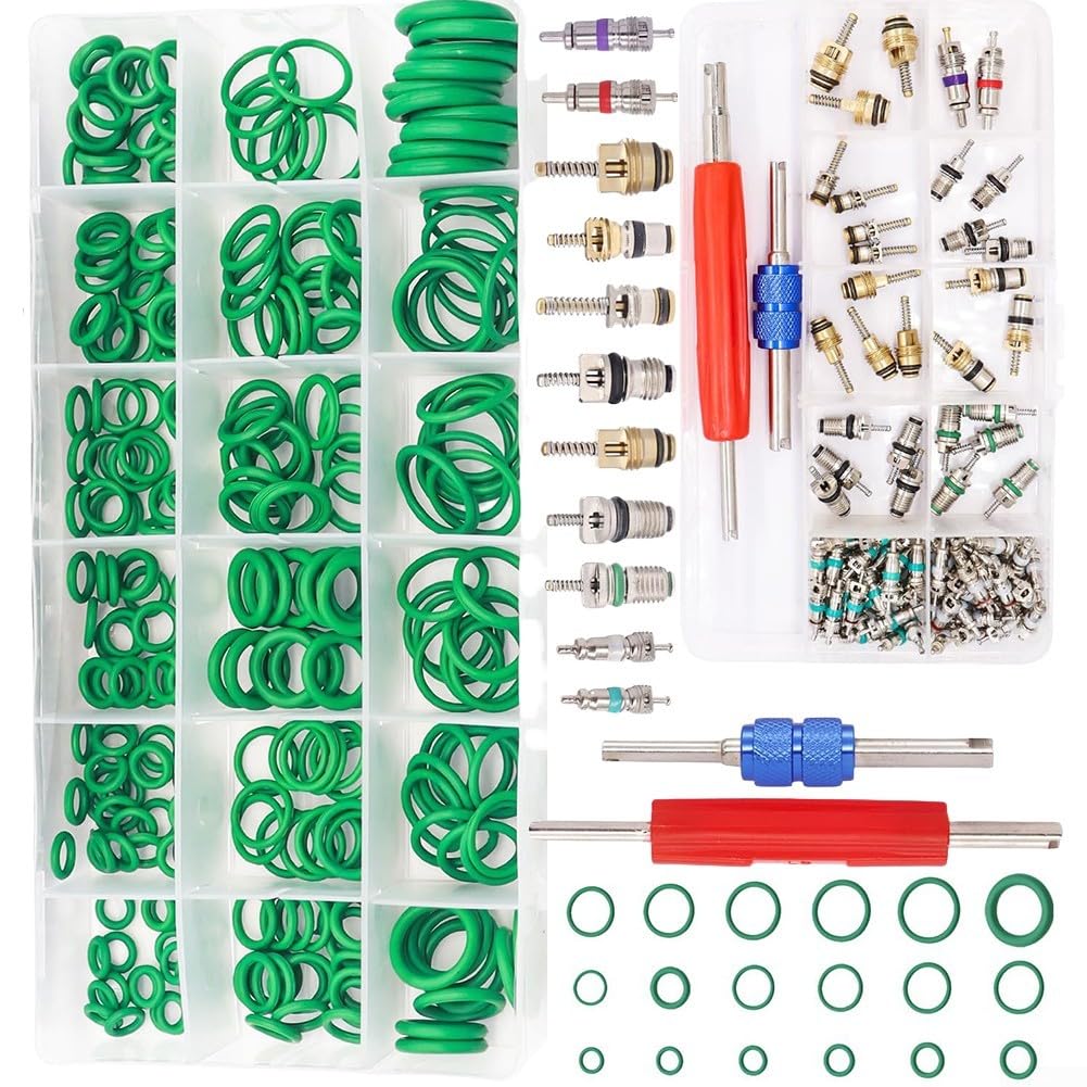 Kit di 372 valvole per condizionatore d'aria per sistemi R12 e R134a - Include nucleo valvola in plastica e metallo, scatola portaoggetti organizzata (20 x 10 x 5 cm) per veicoli elettrici